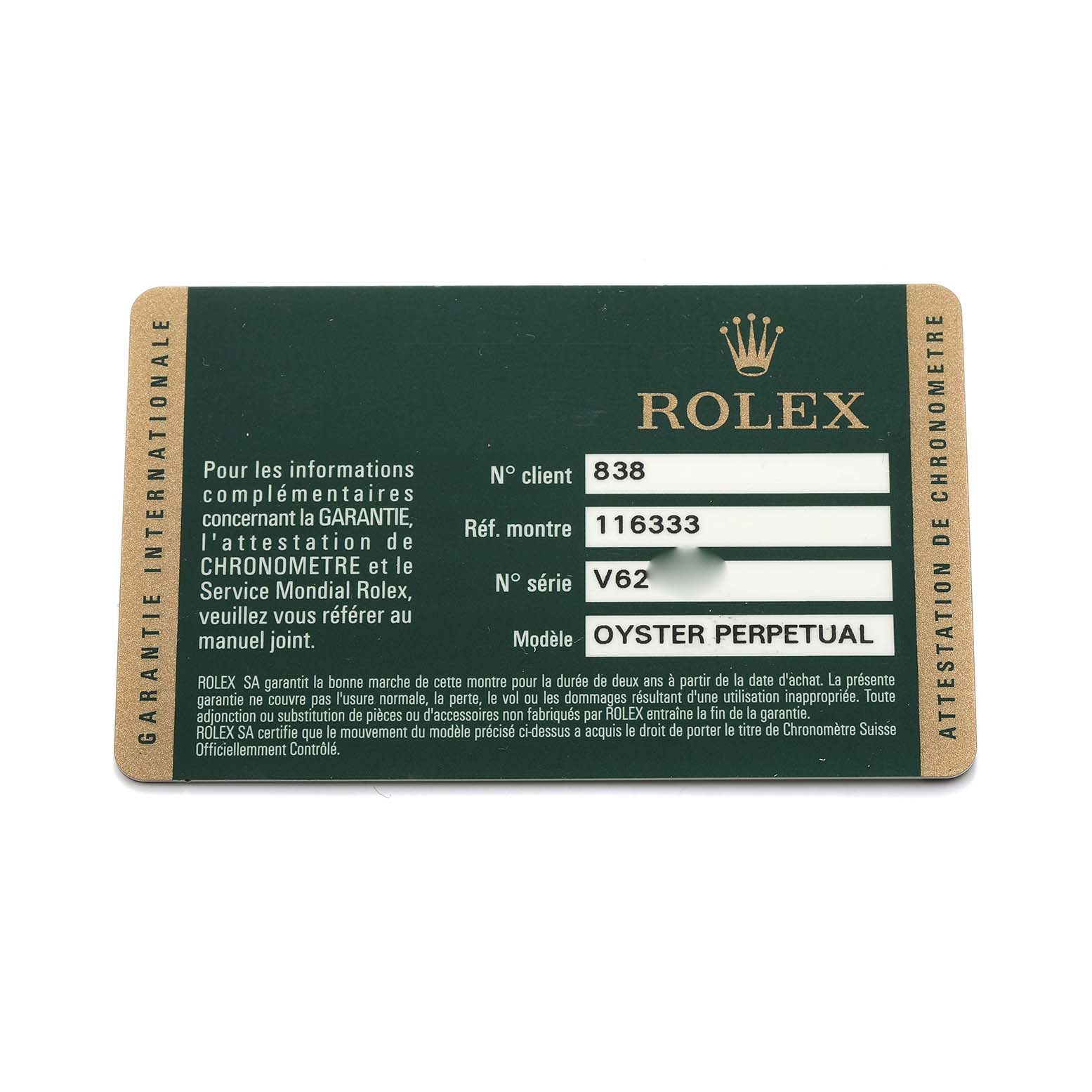 The image shows a Rolex Datejust 41 116333 Men's Steel and Gold (two tone) Grey Dial warranty card, detailing client, reference, and serial numbers.
