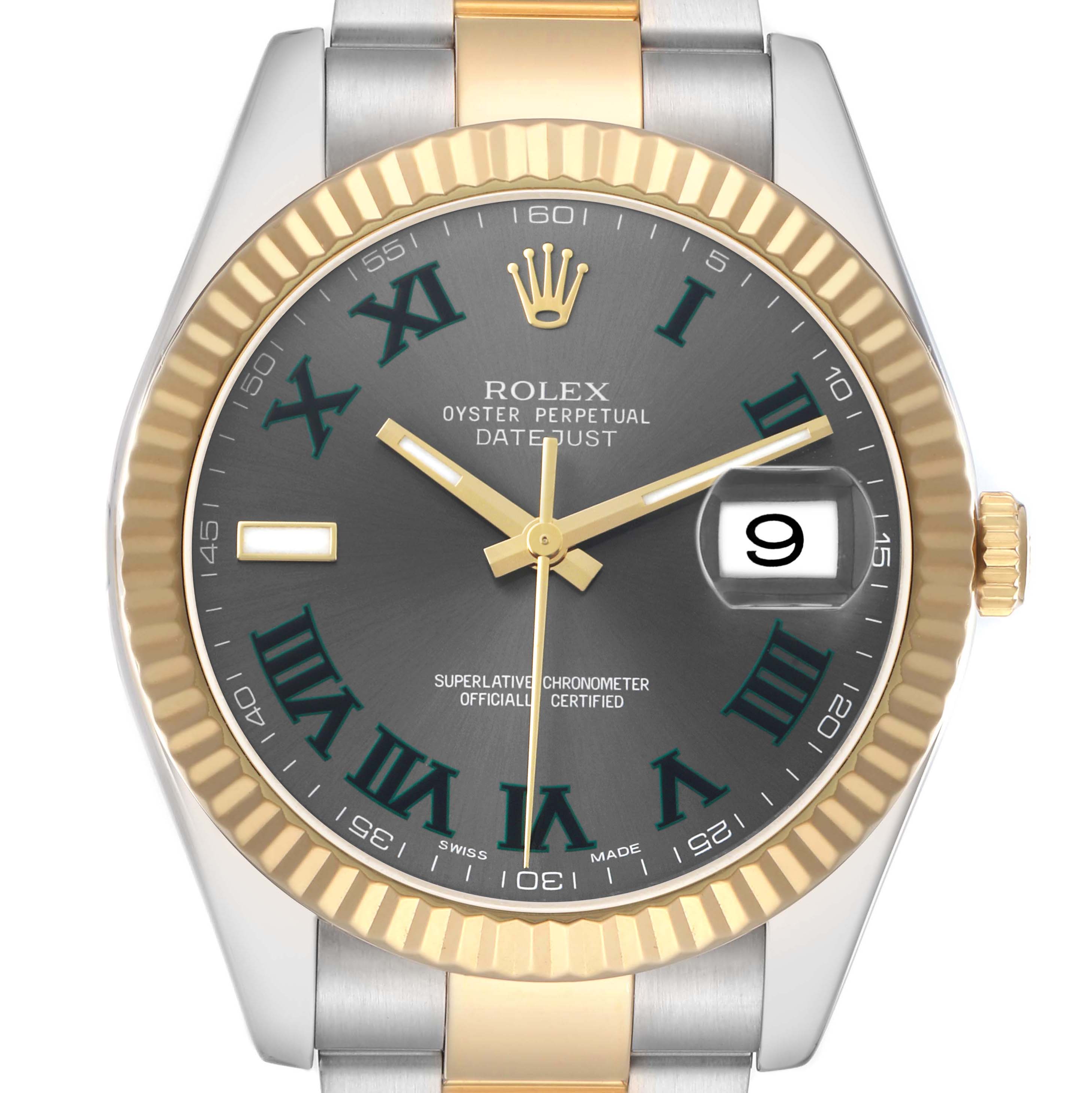 The image shows a Rolex Datejust 41 116333 Men's Steel and Gold (two tone) Grey Dial, focusing on the watch face, bezel, and part of the bracelet, viewed from the front.
