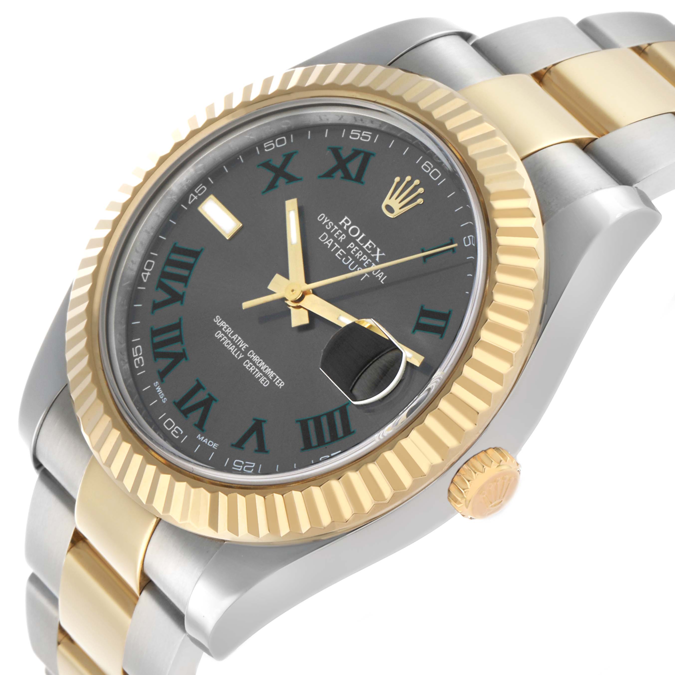 The Rolex Datejust 41 116333 Men's Steel and Gold (two tone) Grey Dial is shown at an angled view, highlighting the fluted bezel, bracelet, crown, and black dial with gold markers.