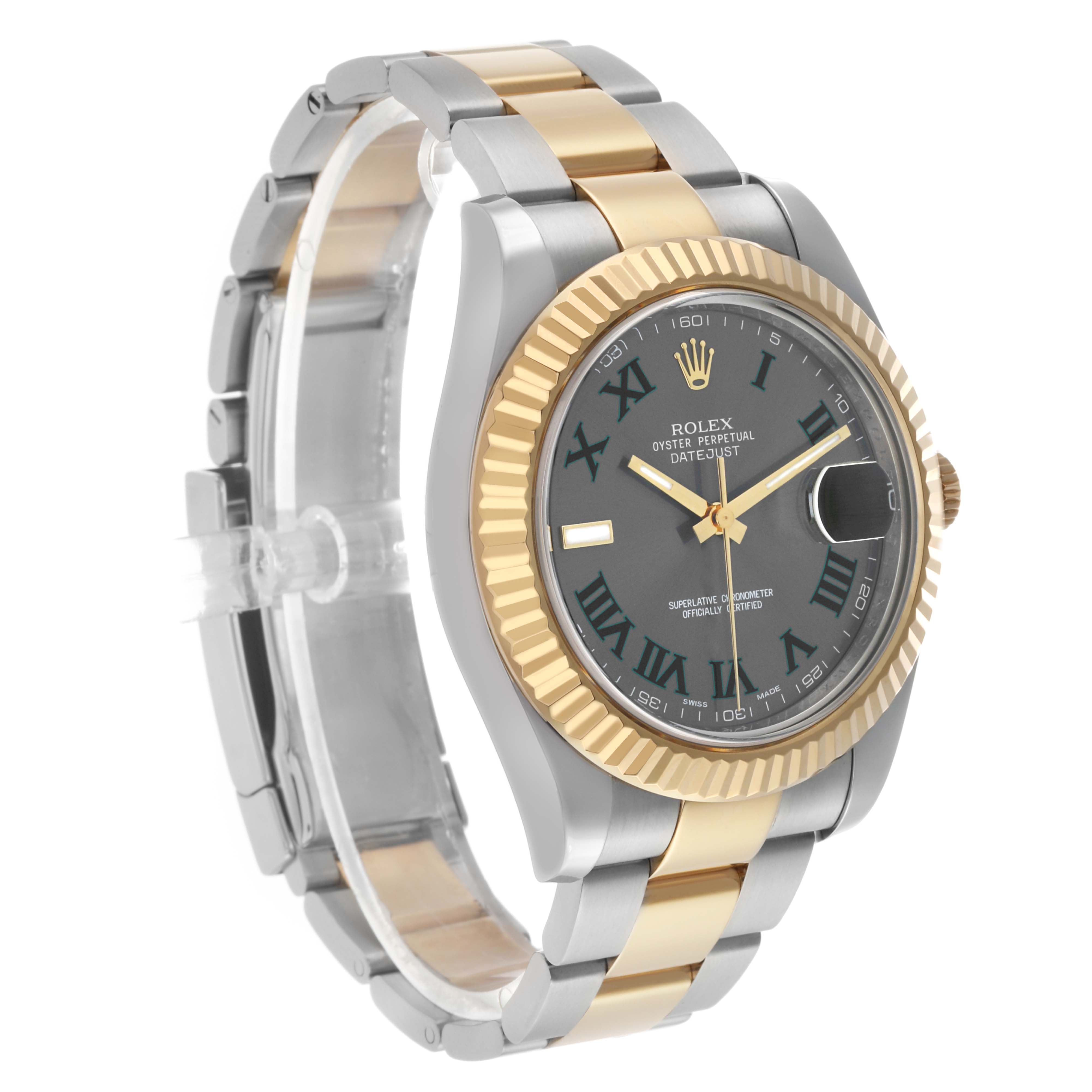 The Rolex Datejust 41 116333 Men's Steel and Gold (two tone) Grey Dial is shown at a three-quarter angle, highlighting the two-tone bracelet, fluted bezel, and dial.
