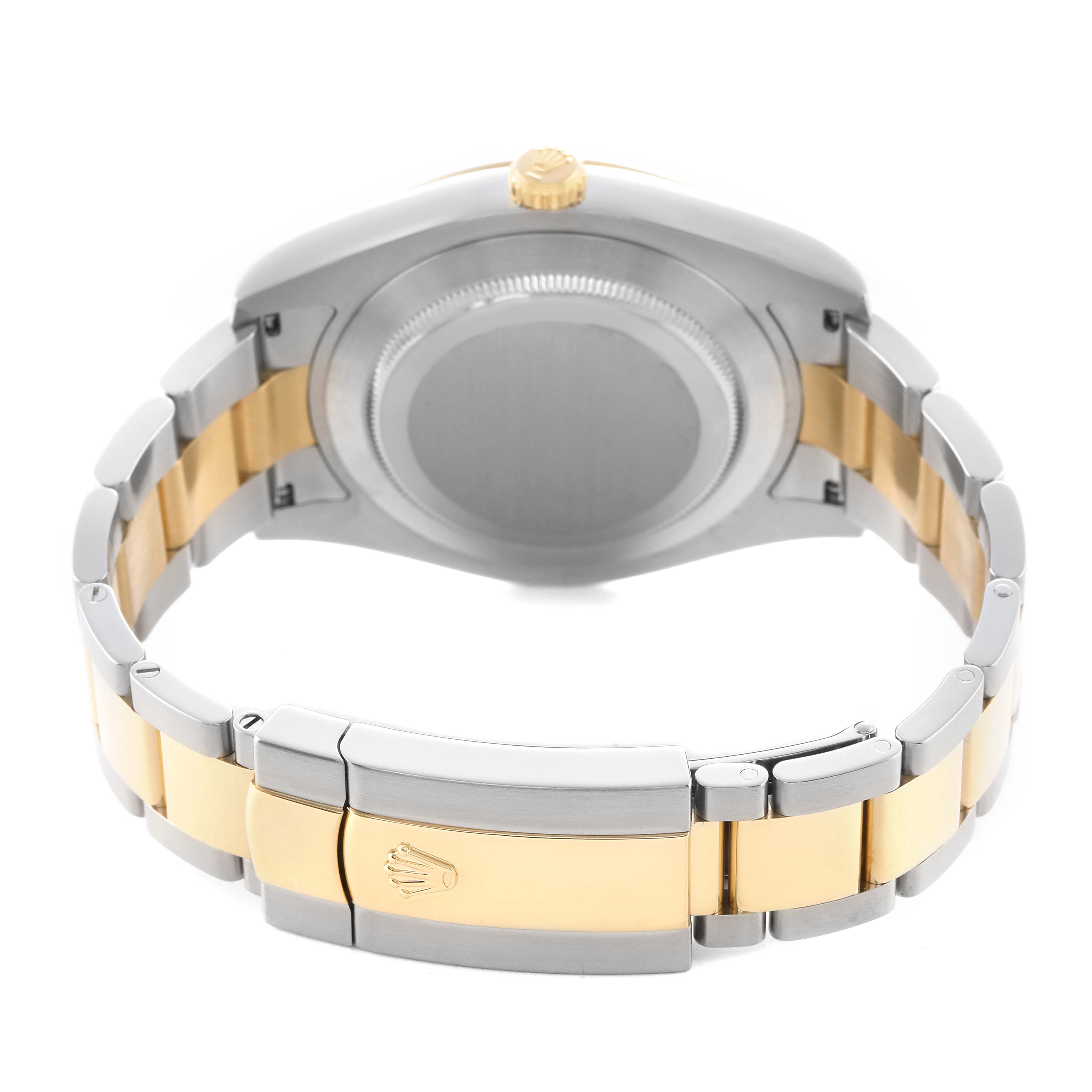 The image shows the back view of a Rolex Datejust 41 116333 Men's Steel and Gold (two tone) Grey Dial, highlighting the case back and two-tone bracelet.