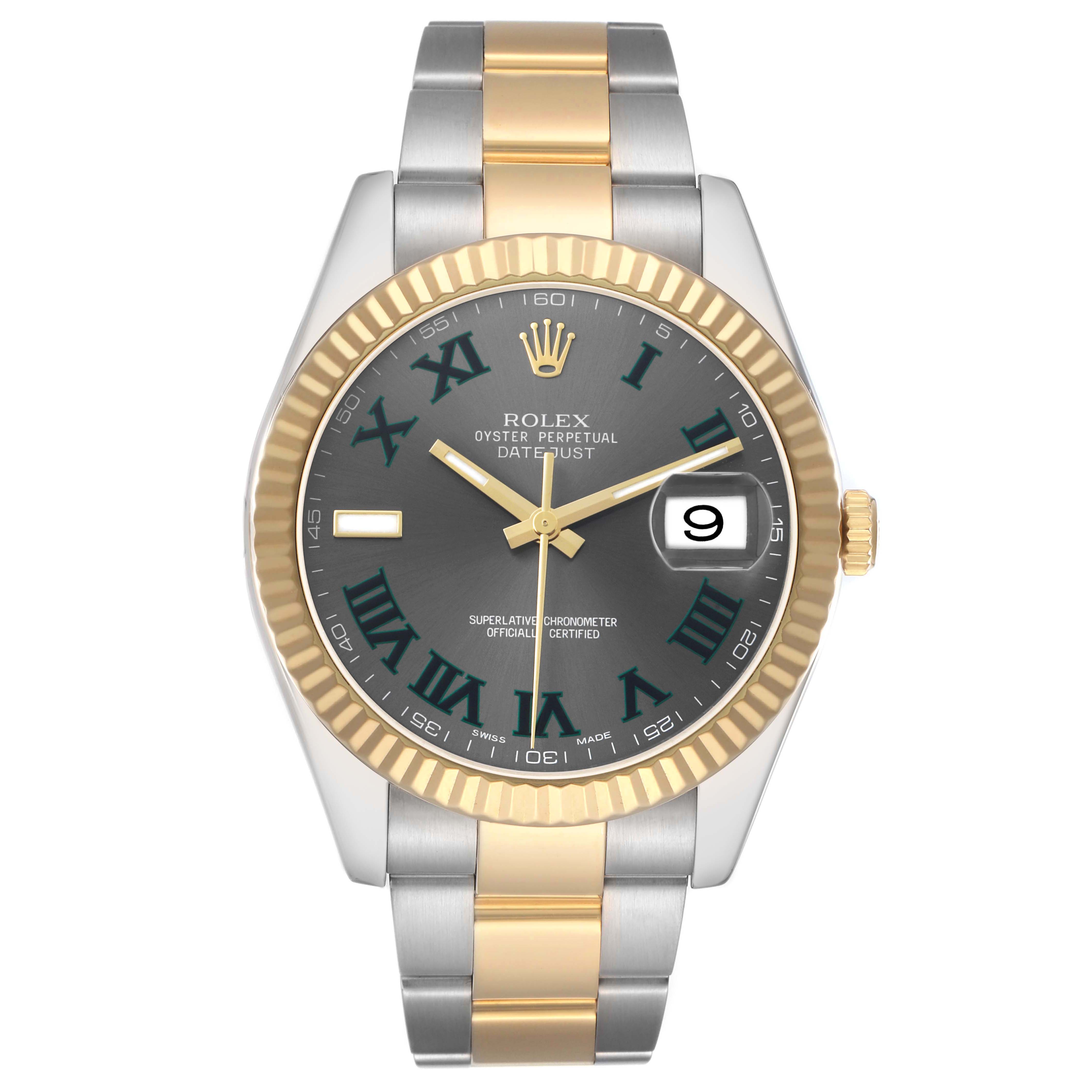 The Rolex Datejust 41 116333 Men's Steel and Gold (two tone) Grey Dial is shown from a front angle, displaying its dial, bezel, and two-tone bracelet.