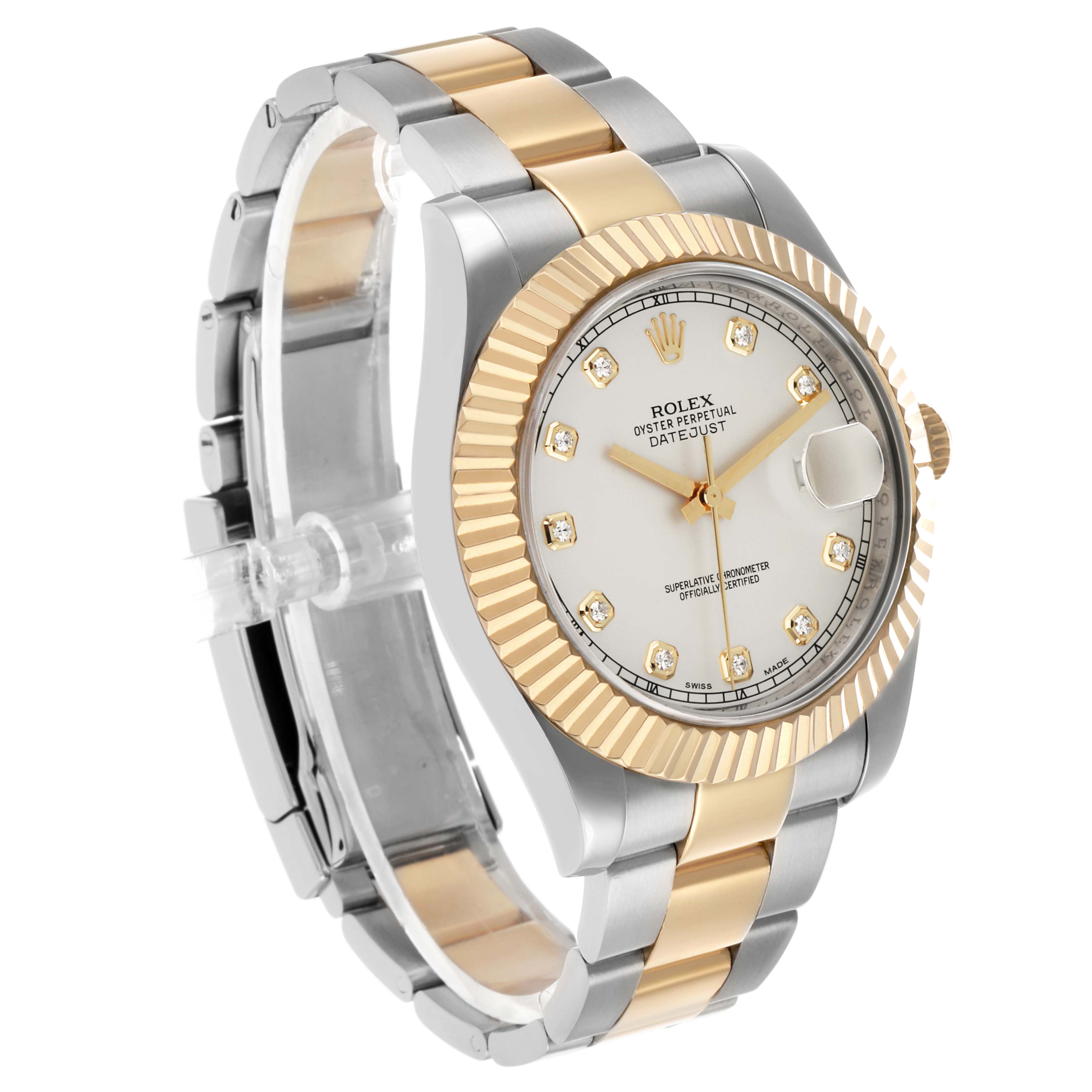 The Rolex Datejust 41 116333 Men's Steel and Gold (two tone) Silver Dial is shown from a front angle, highlighting the dial, bezel, and bracelet.