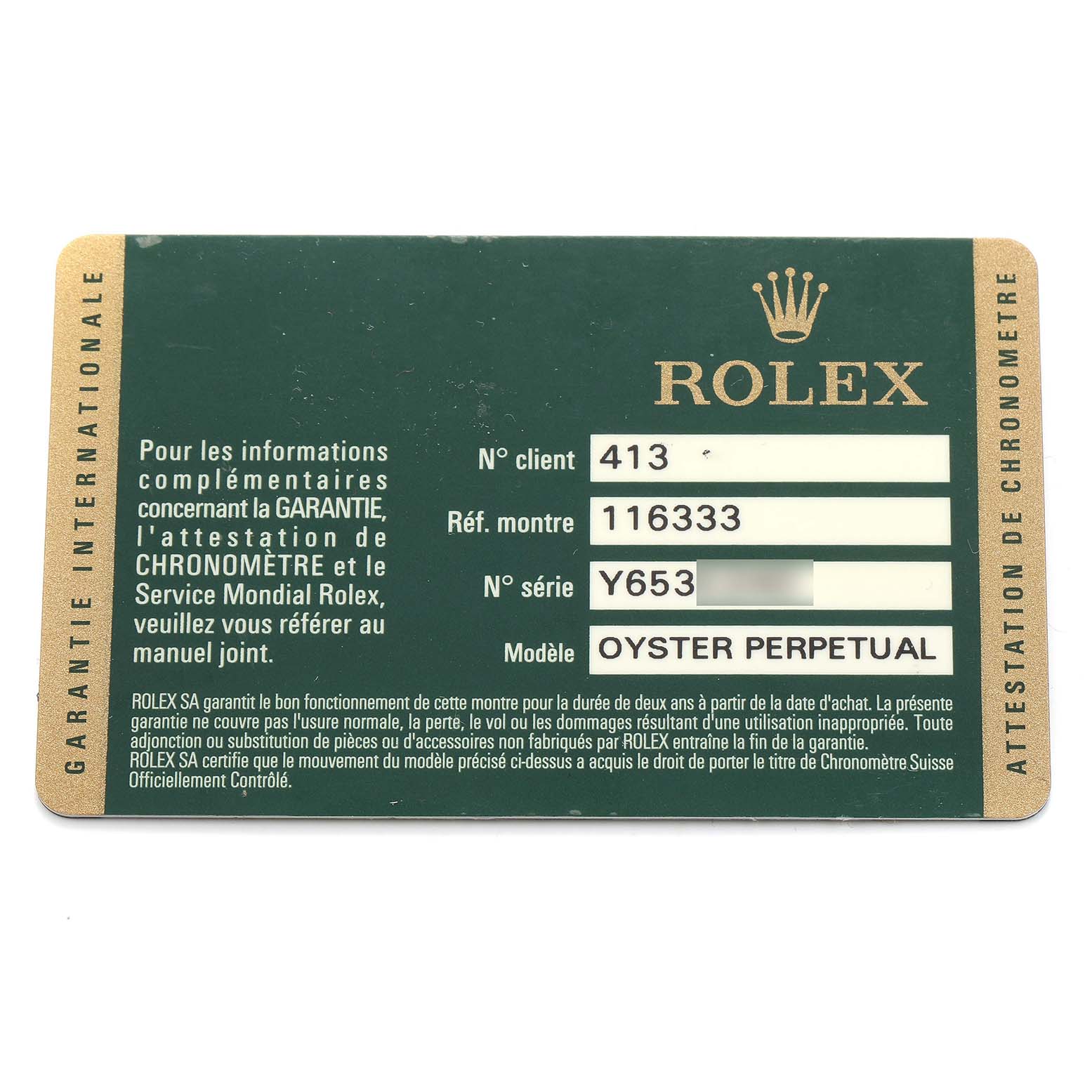 The image shows the warranty card for a Rolex Datejust 41 116333 Men's Steel and Gold (two tone) Silver Dial, displaying model, reference, and serial numbers.
