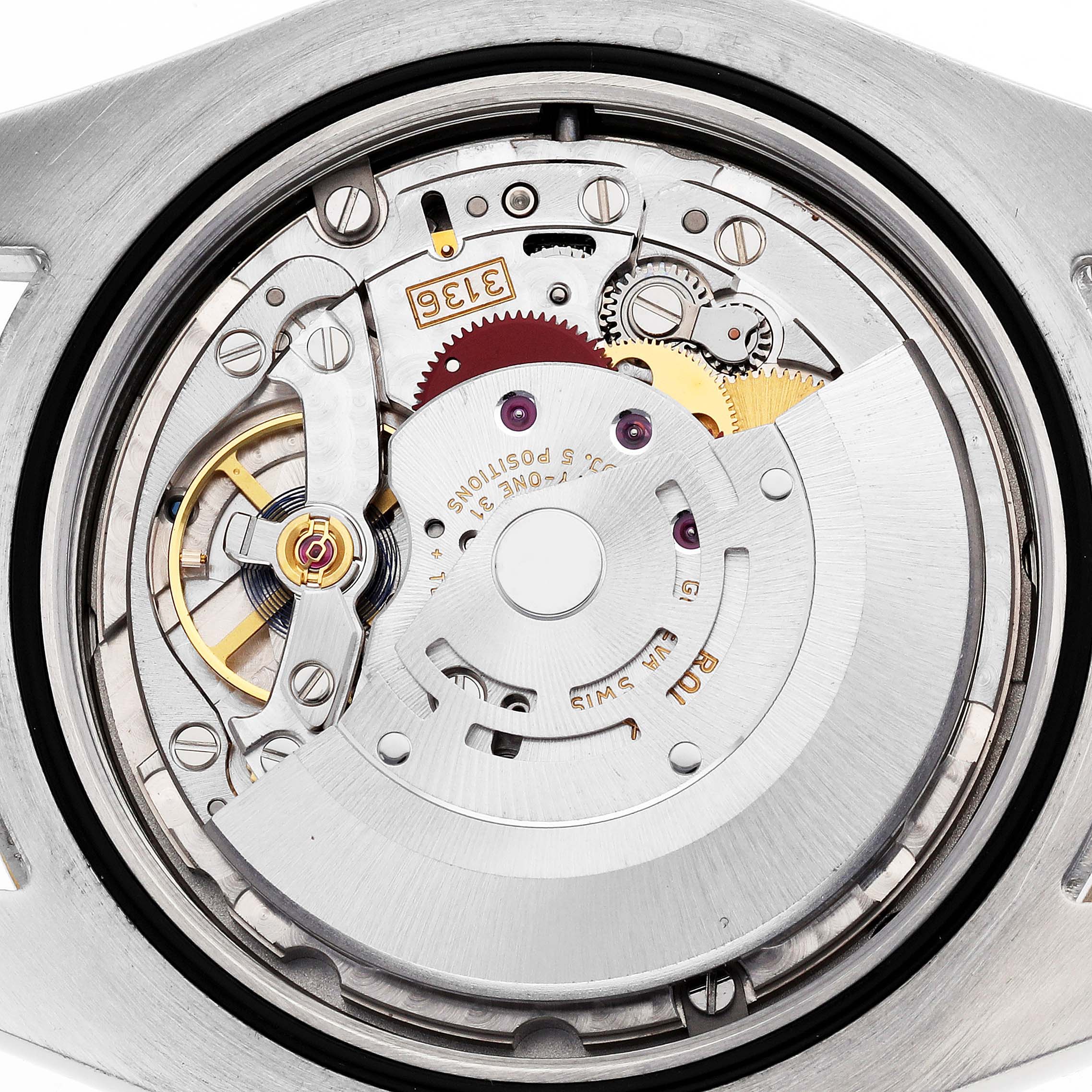 The image shows a close-up of the Rolex Datejust 41 116333 Men's Steel and Gold (two tone) Silver Dial's movement, highlighting gears, rotors, and intricate internal components.