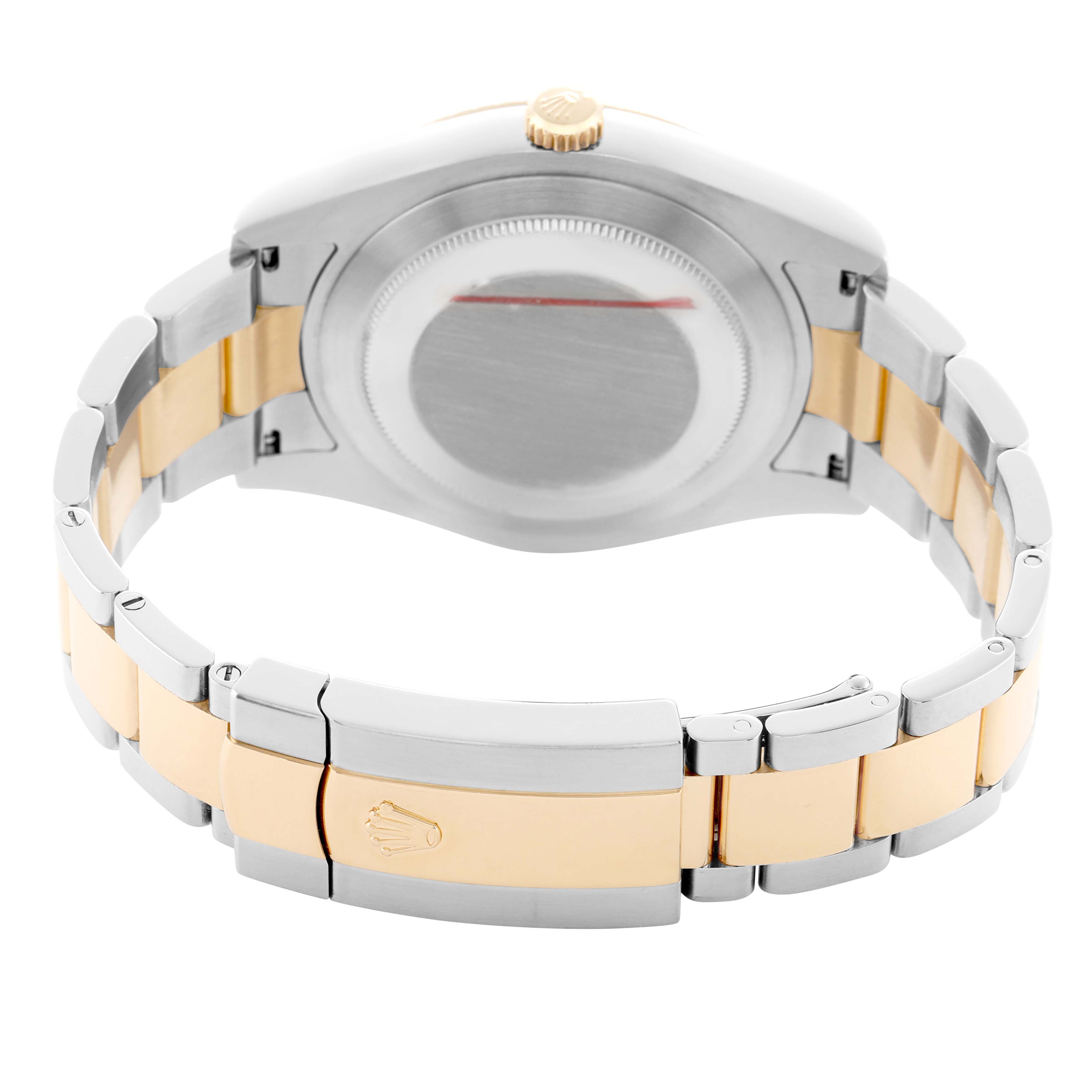 The image shows the back and bracelet of a Rolex Datejust 41 116333 Men's Steel and Gold (two tone) Silver Dial, highlighting its two-tone design.