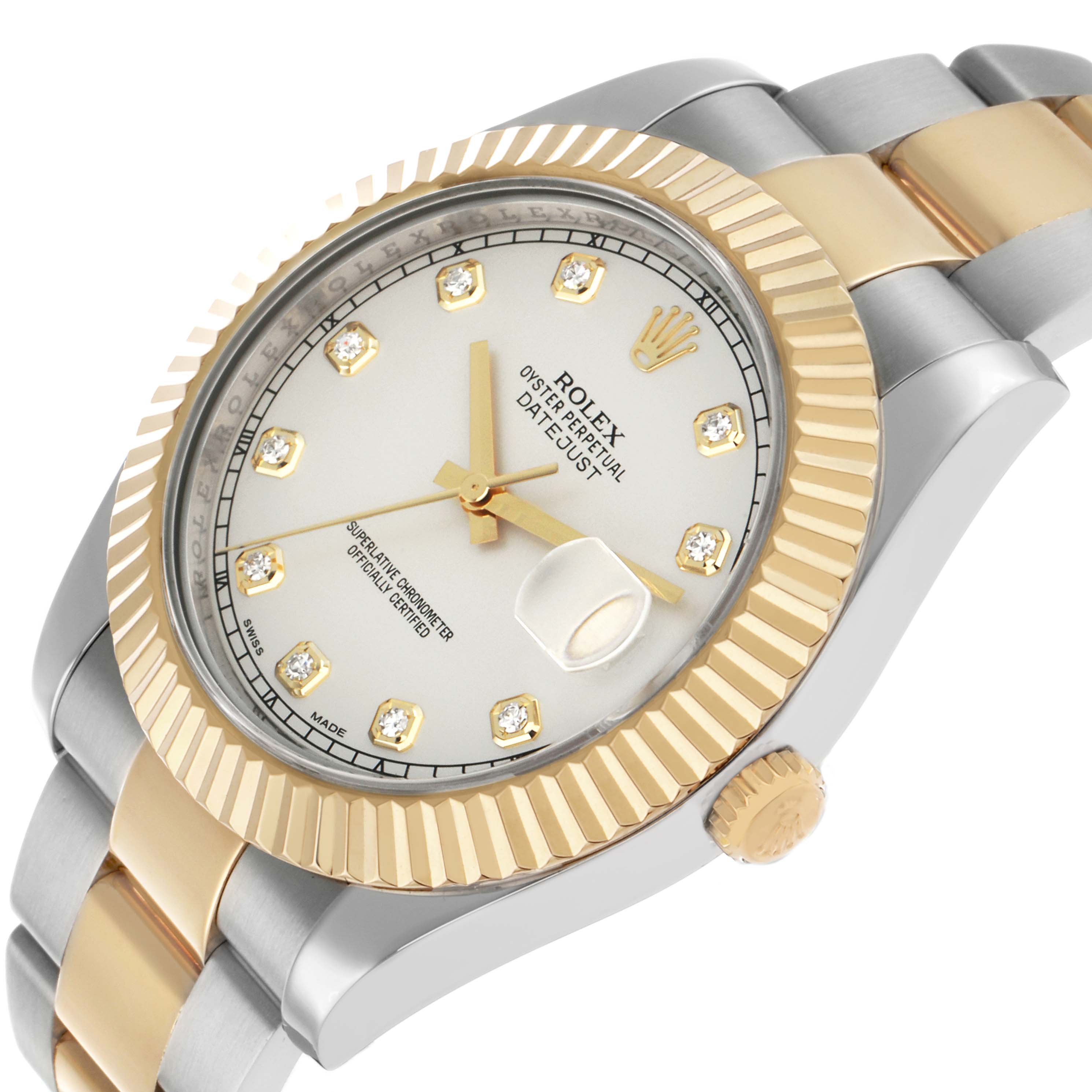 The Rolex Datejust 41 116333 Men's Steel and Gold (two tone) Silver Dial is shown at an angled view, highlighting the fluted bezel, dial, crown, and two-tone bracelet.