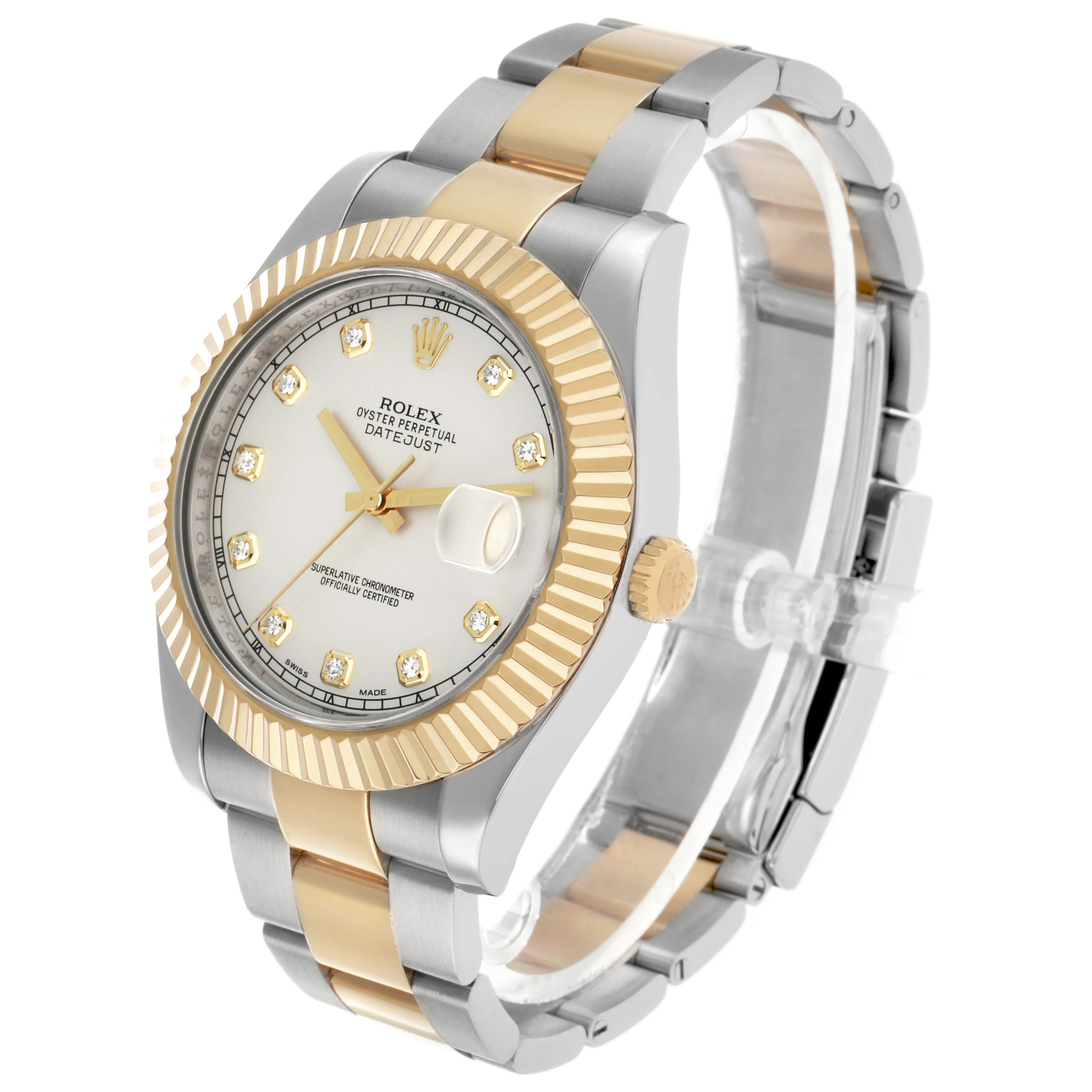 The Rolex Datejust 41 116333 Men's Steel and Gold (two tone) Silver Dial is shown at an angled view, highlighting the face, fluted bezel, and two-tone bracelet.
