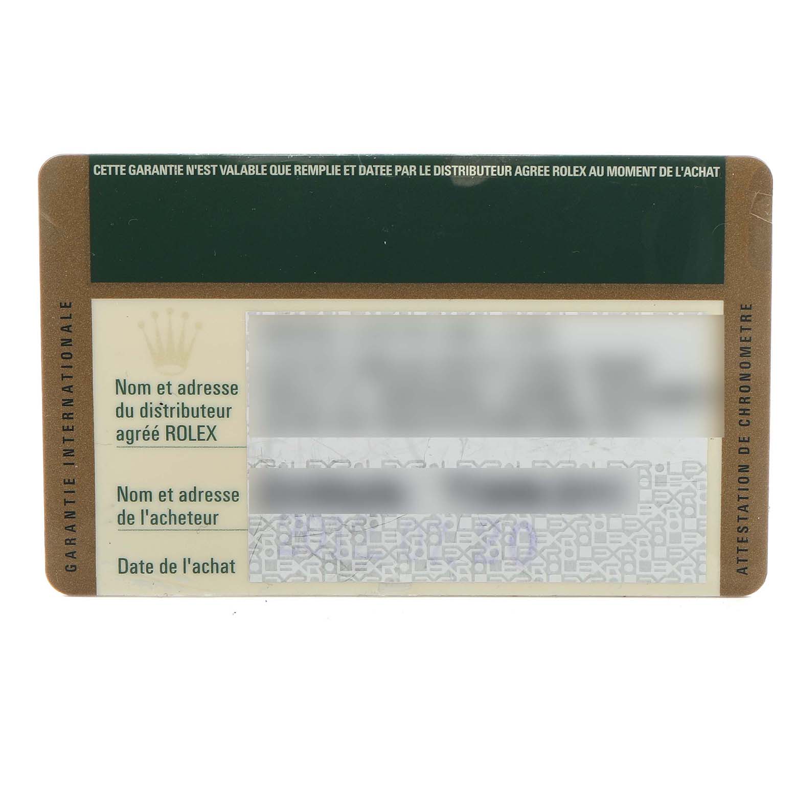 The image shows a Rolex warranty card for the Datejust 41 model from a top-down angle.