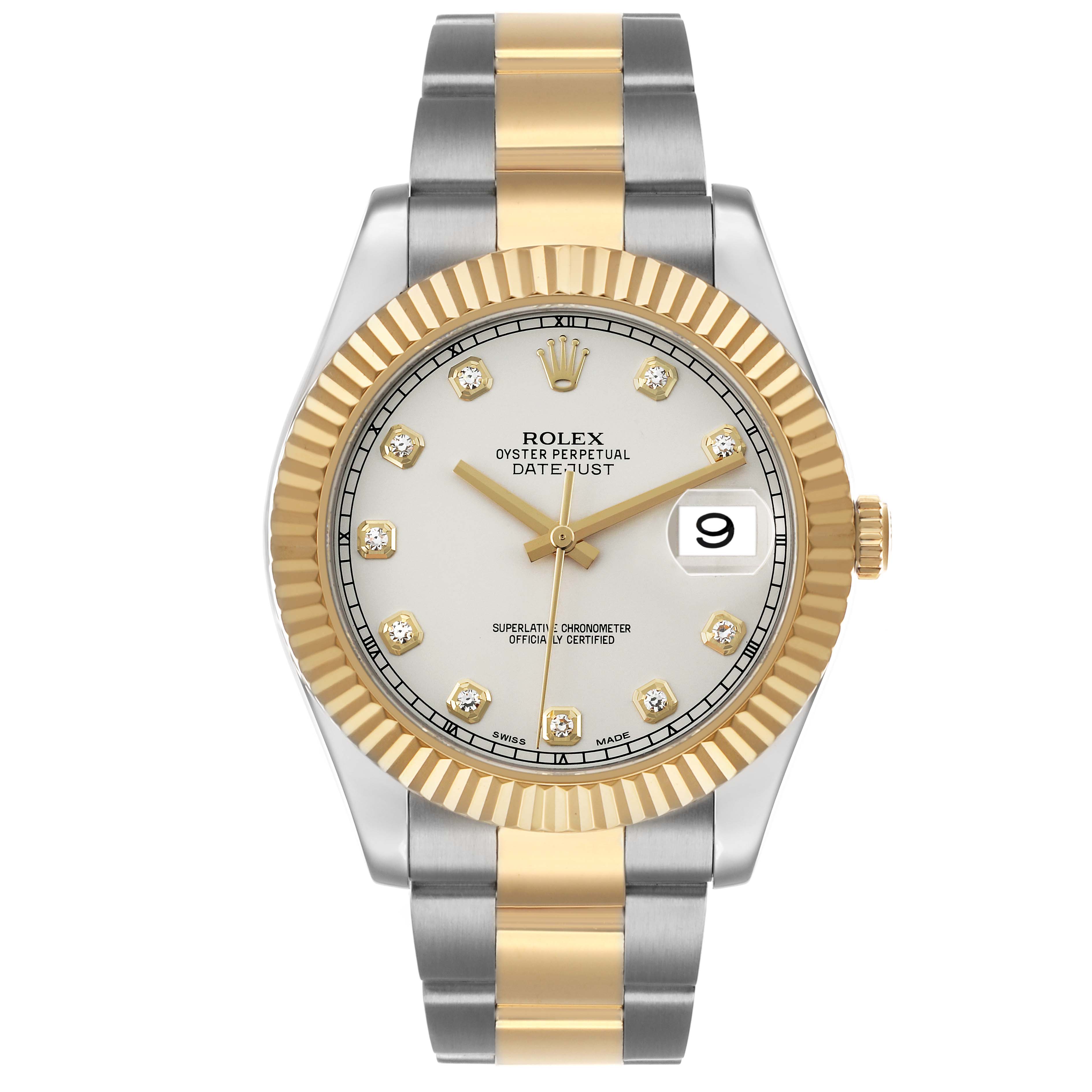 The Rolex Datejust 41 116333 Men's Steel and Gold (two tone) Silver Dial watch is shown from the front, highlighting the dial, fluted bezel, and two-tone bracelet.