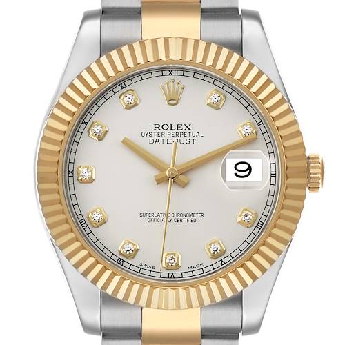 The Rolex Datejust 41 116333 Men's Steel and Gold (two tone) Silver Dial watch is shown from a front angle, displaying the dial, fluted bezel, crown, and part of the bracelet.