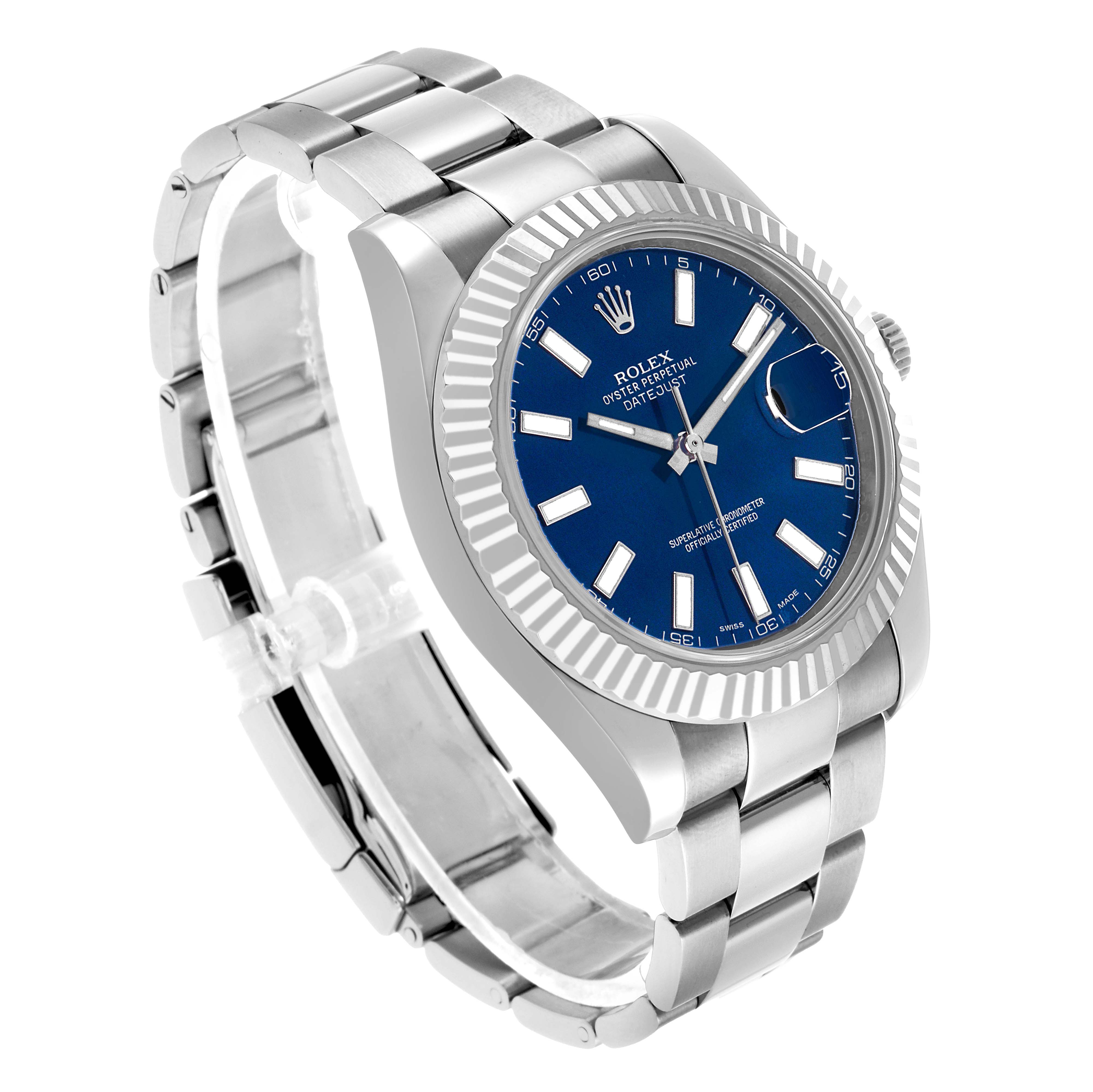 The Rolex Datejust 41 116334 Men's Stainless Steel Blue Dial is shown at an angled view, highlighting the blue dial, fluted bezel, and oyster bracelet.
