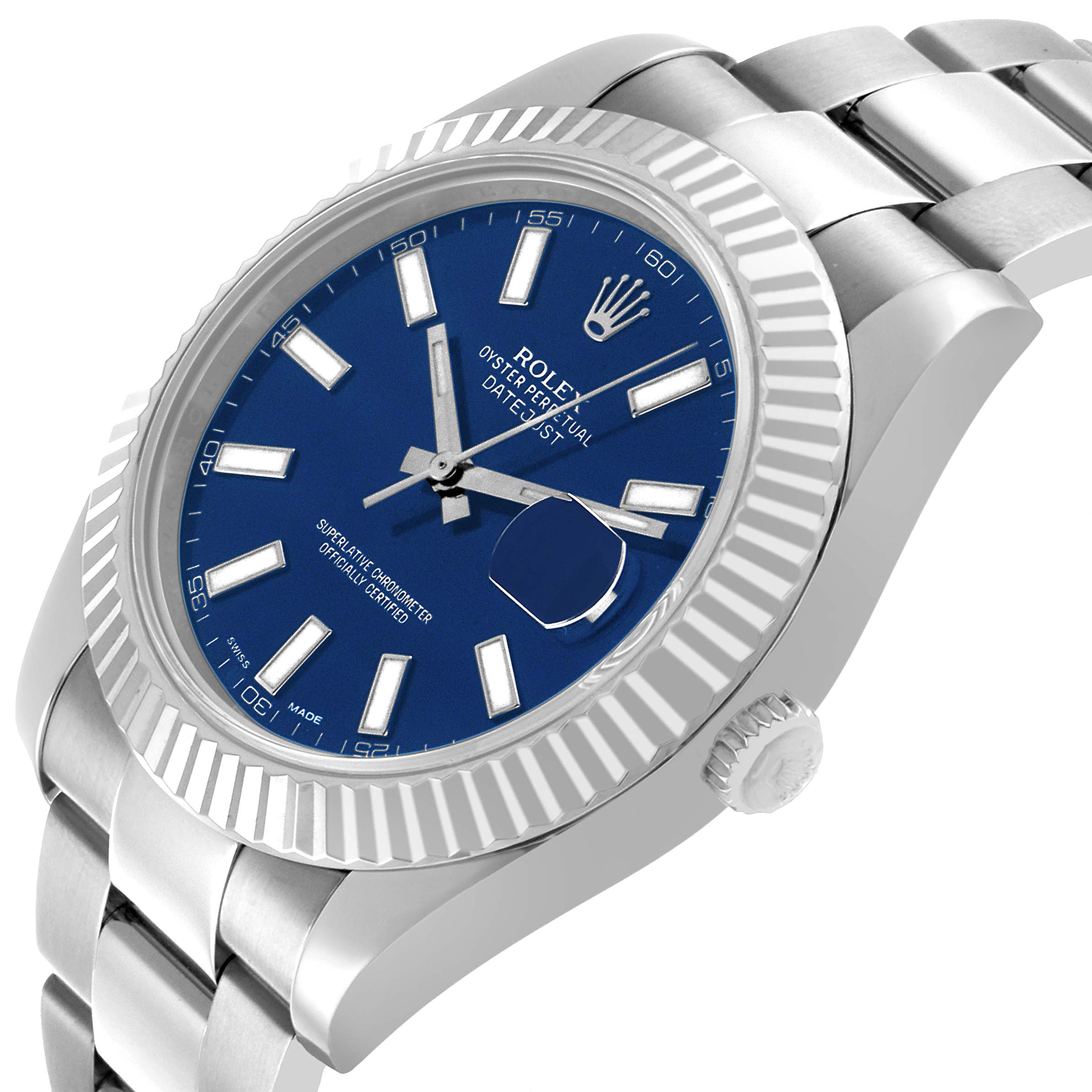 The Rolex Datejust 41 116334 Men's Stainless Steel Blue Dial is shown at an angled side view, highlighting the blue dial, fluted bezel, and part of the bracelet.