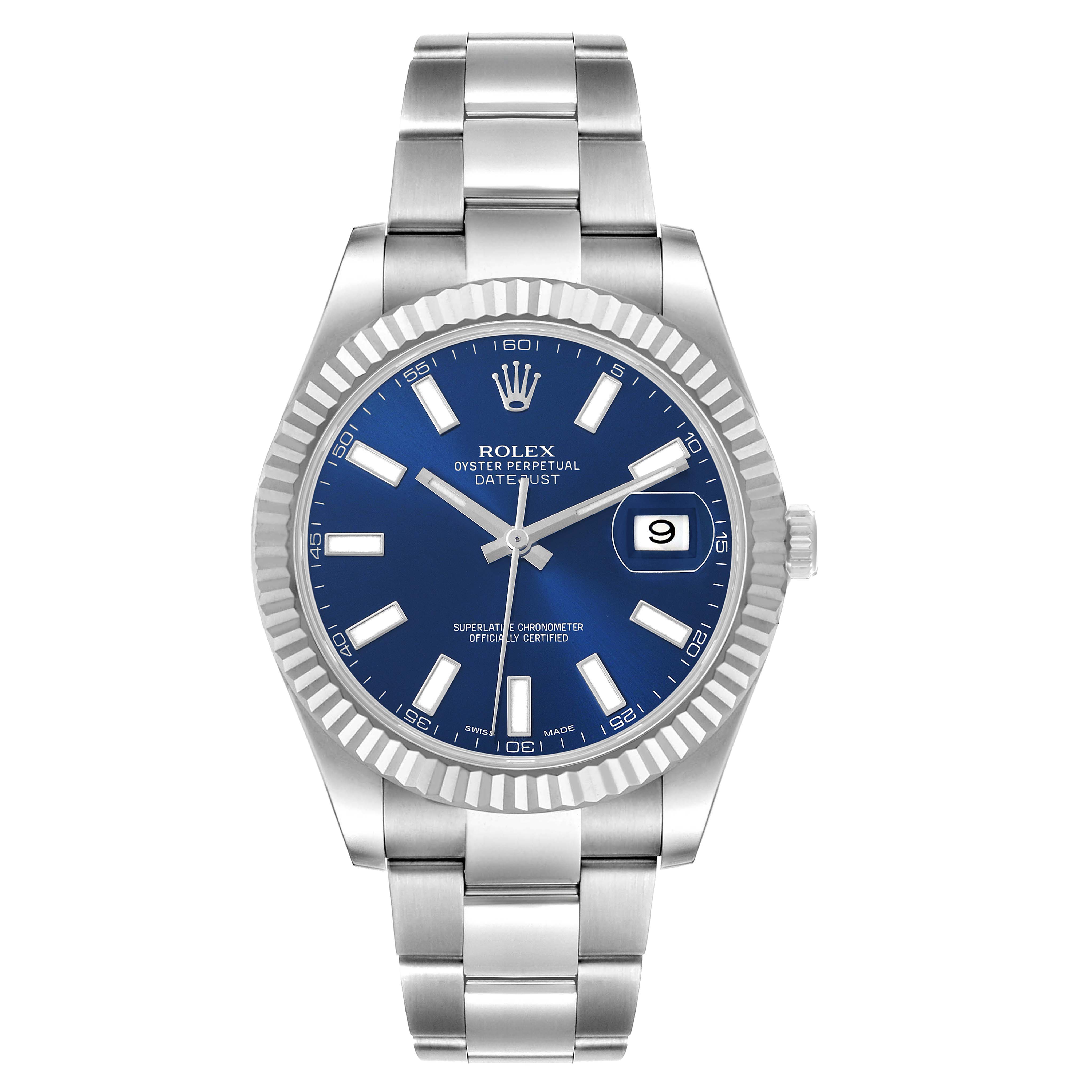 The Rolex Datejust 41 116334 Men's Stainless Steel Blue Dial is shown from a front view, displaying its blue dial, silver hands, date window, and stainless steel bracelet.