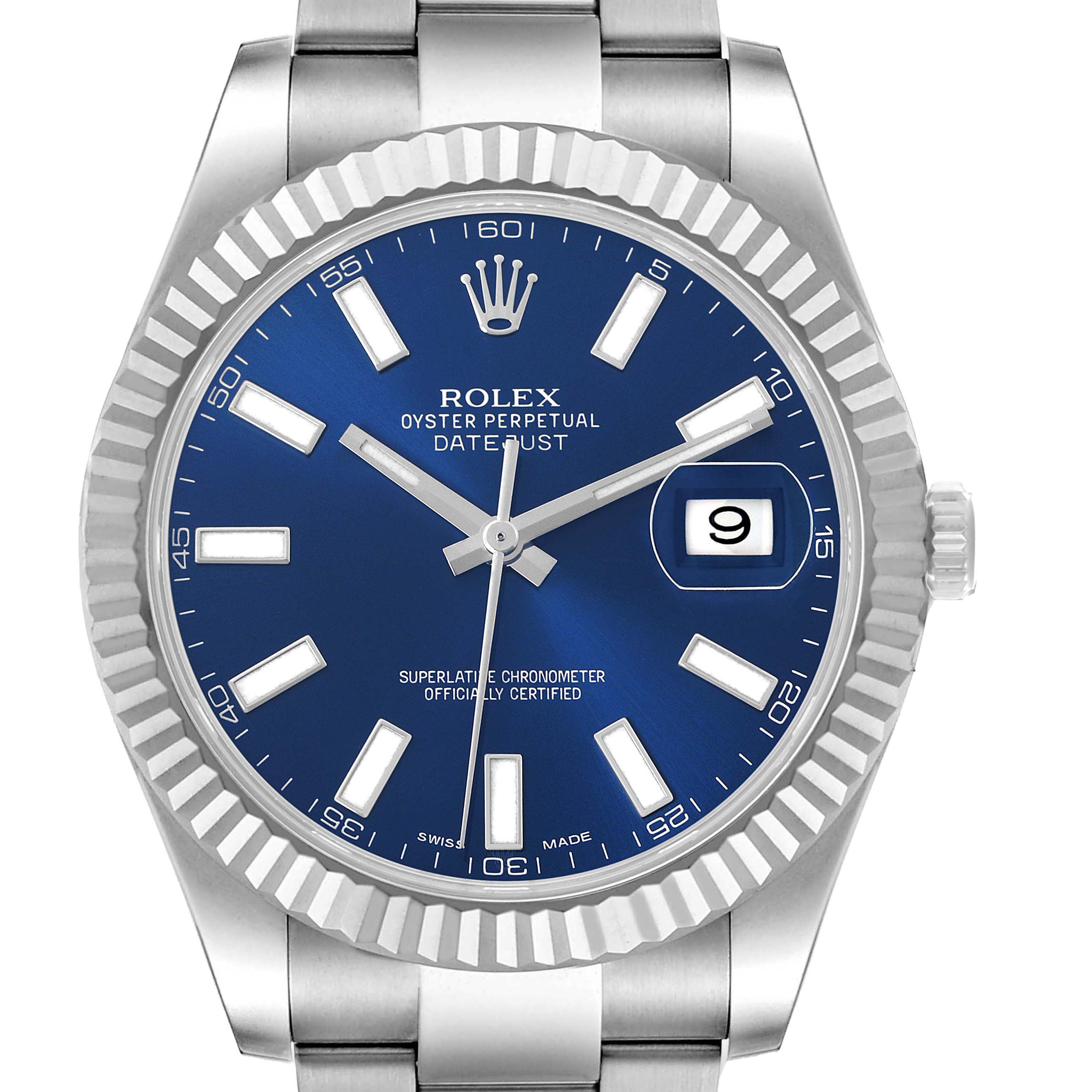 The Rolex Datejust 41 116334 Men's Stainless Steel Blue Dial is shown from the front, displaying the blue dial, markers, hands, bezel, and part of the bracelet.