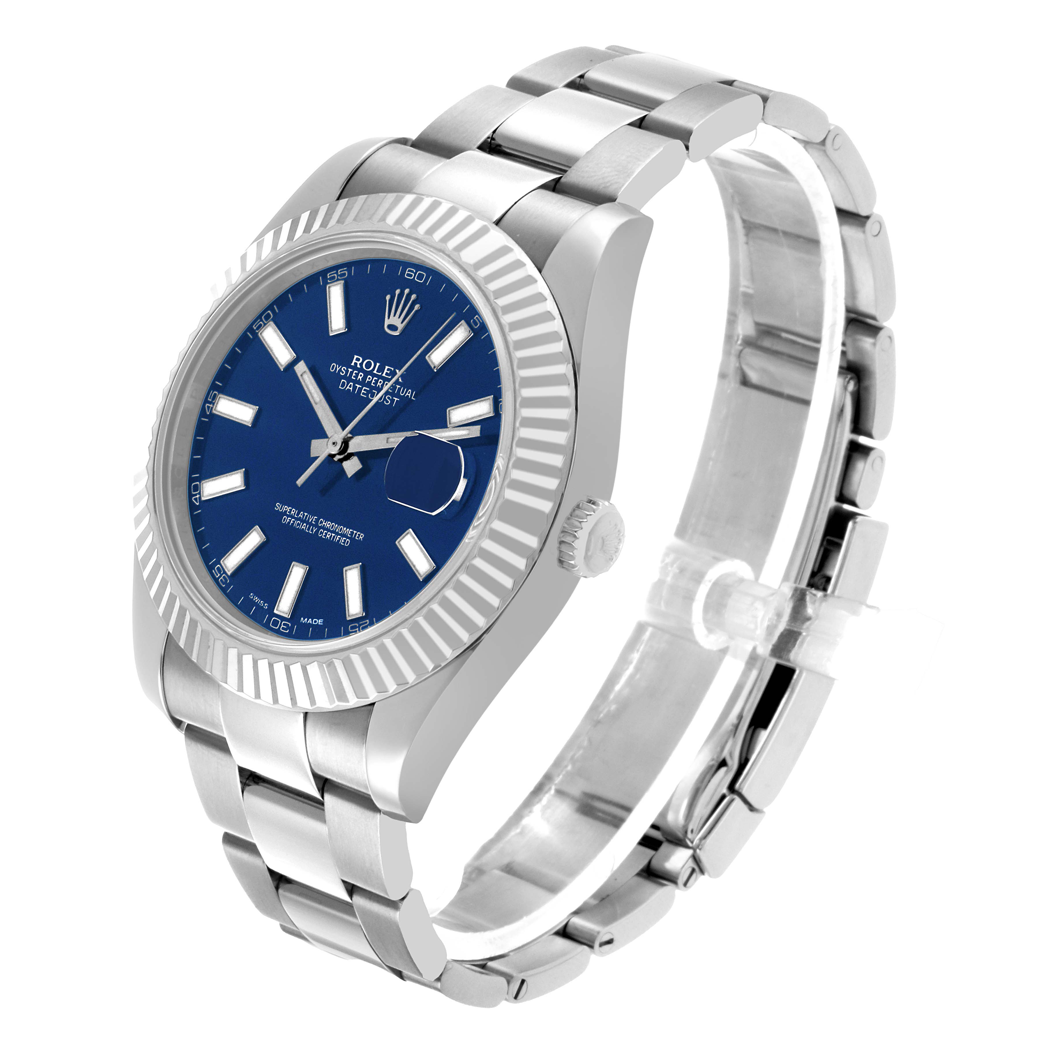 The Rolex Datejust 41 116334 Men's Stainless Steel Blue Dial is shown at a three-quarter angle, highlighting the bezel, dial, and bracelet.