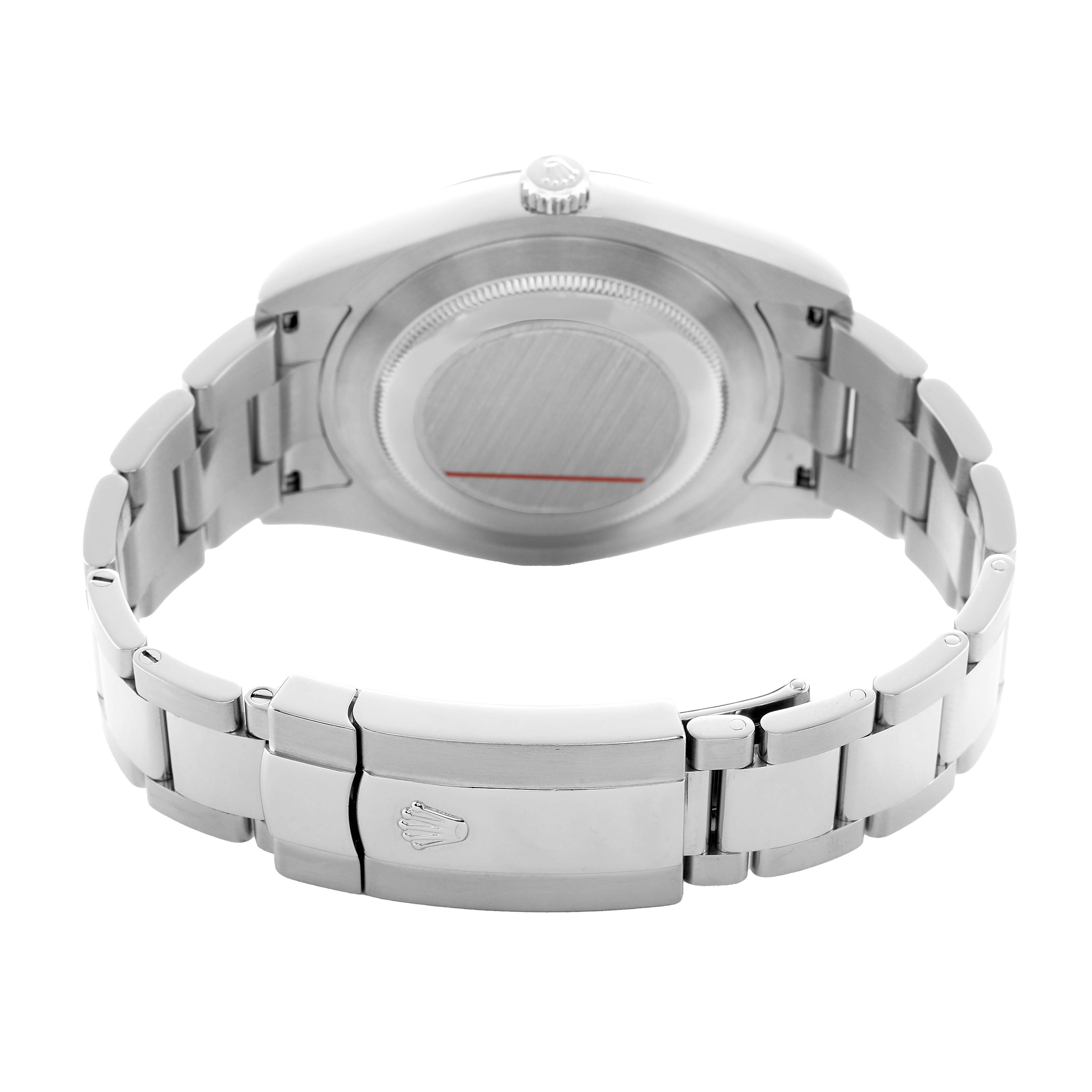 The image shows the back view of a Rolex Datejust 41 116334 Men's Stainless Steel Blue Dial, highlighting the case back, crown, and bracelet.