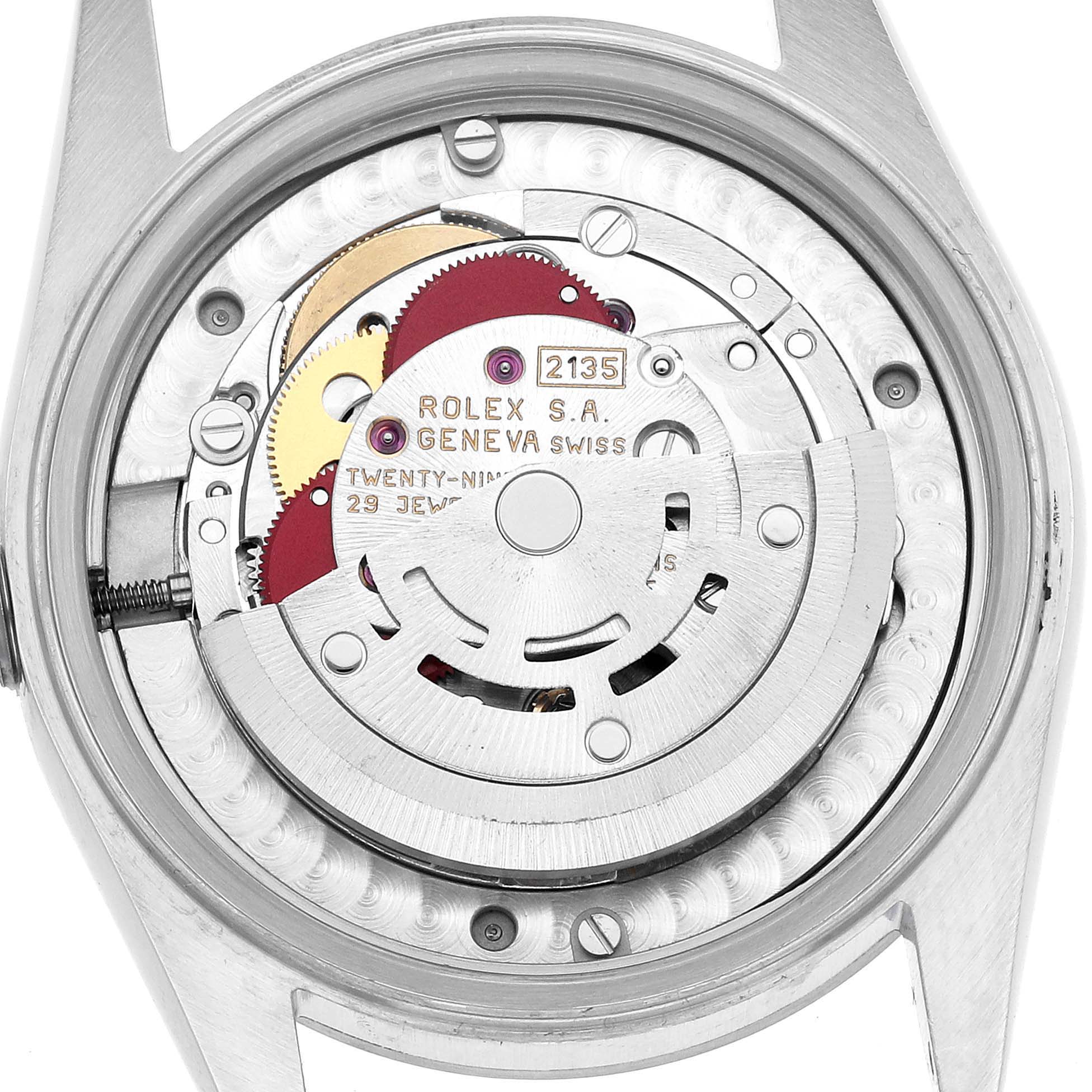 The image shows the movement mechanism of a Rolex Mid-Size 68274 Women's Stainless Steel Blue Dial watch, viewed from the back with visible gears and rotor.