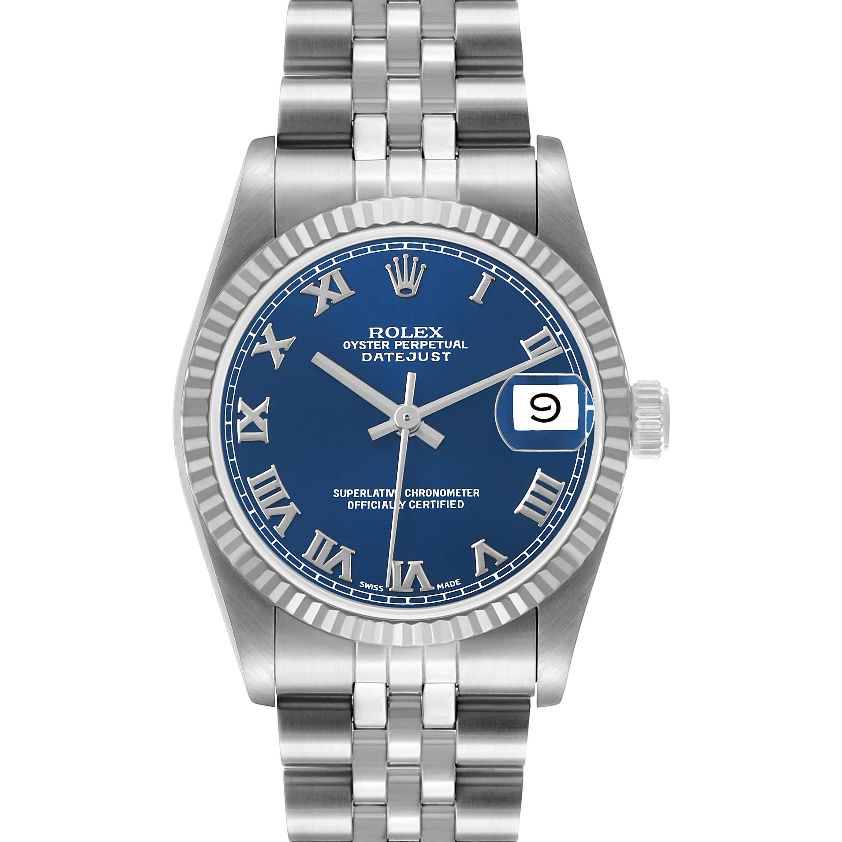 The Rolex Datejust Mid-Size watch is shown from the front, displaying the dial, hands, bracelet, and date window.