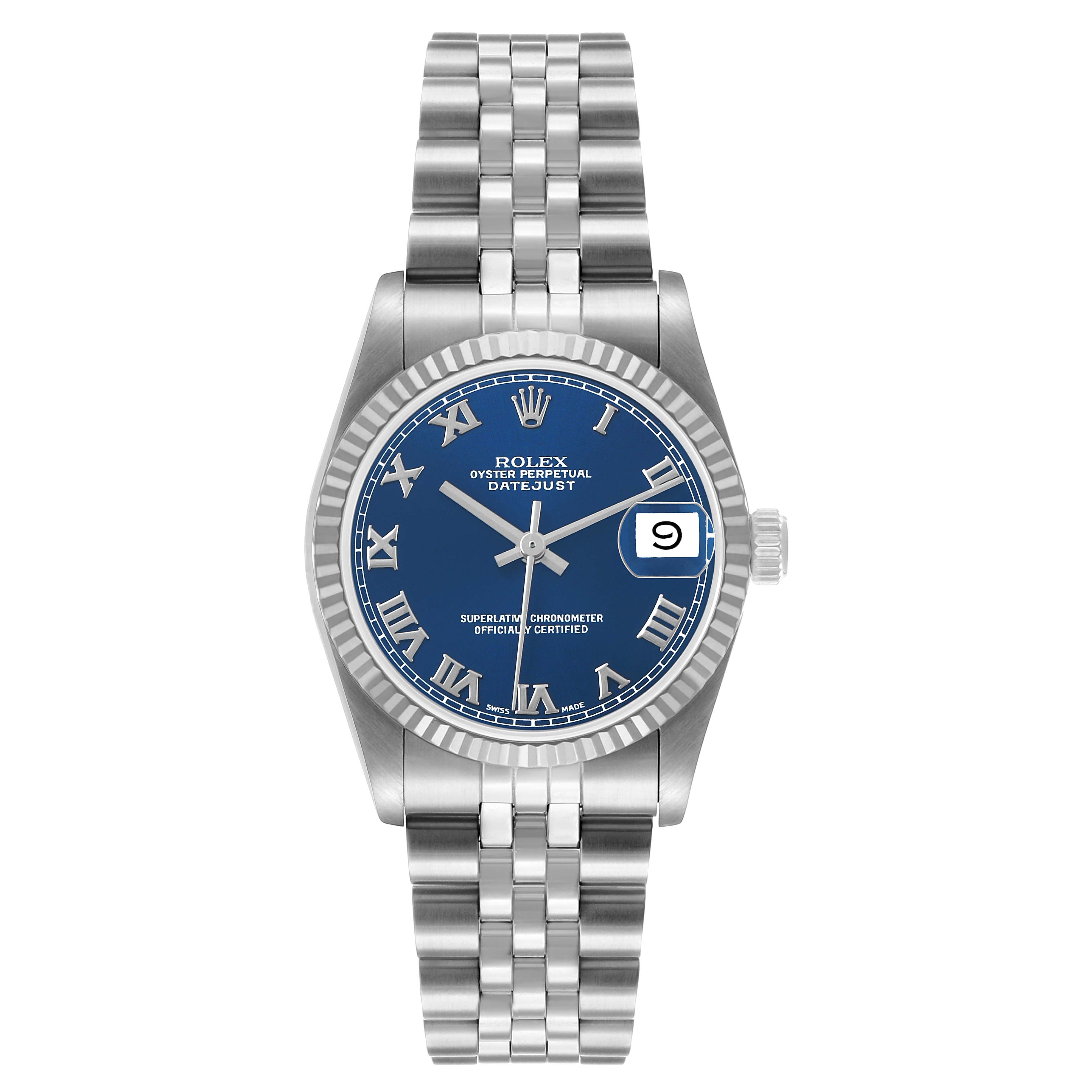 The watch is a Rolex Datejust Mid-Size model, shown from a top view, displaying the blue dial, fluted bezel, and Jubilee bracelet.