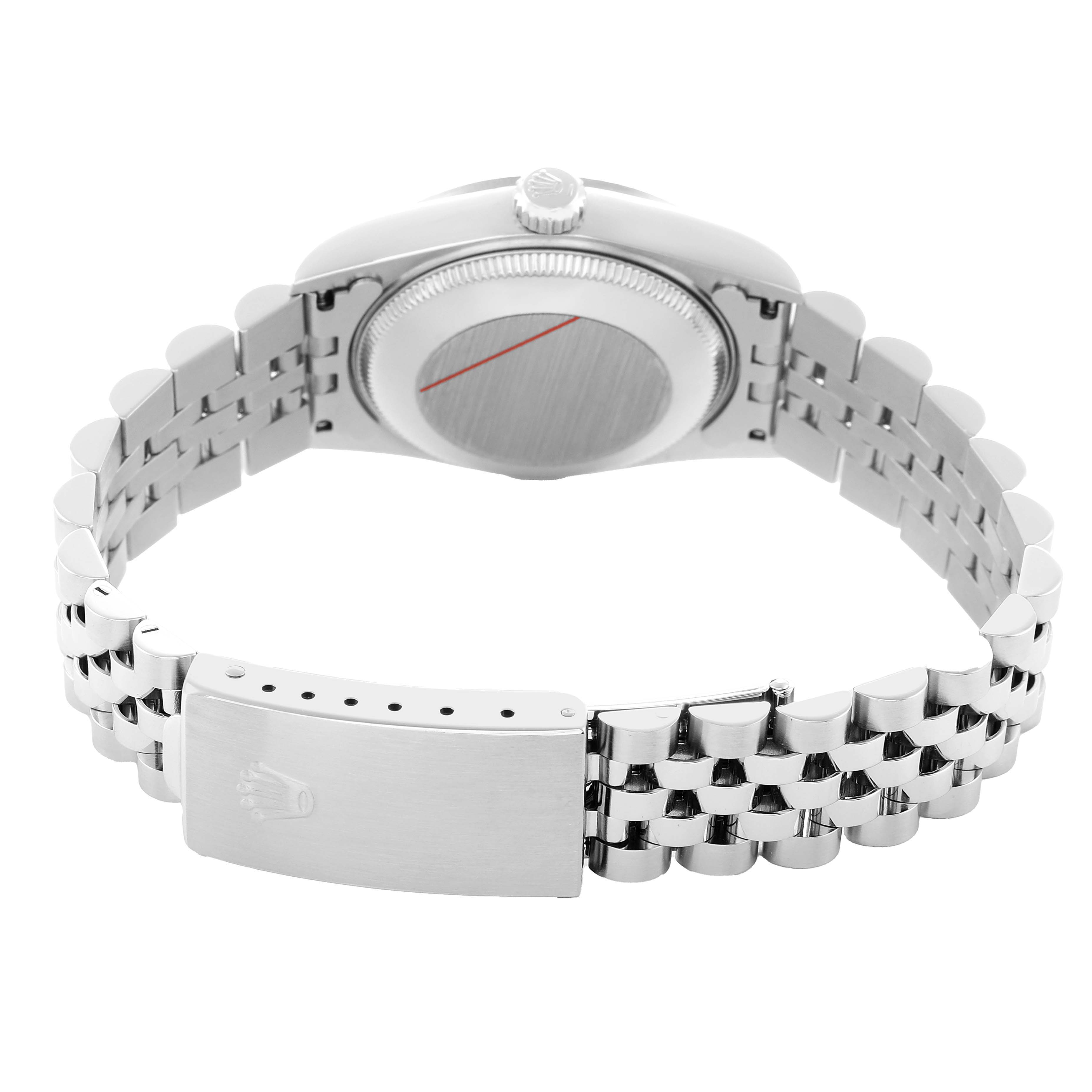 The image shows the backside of a Rolex Mid-Size 68274 Women's Stainless Steel Blue Dial model, highlighting the watch case, crown, and bracelet clasp.