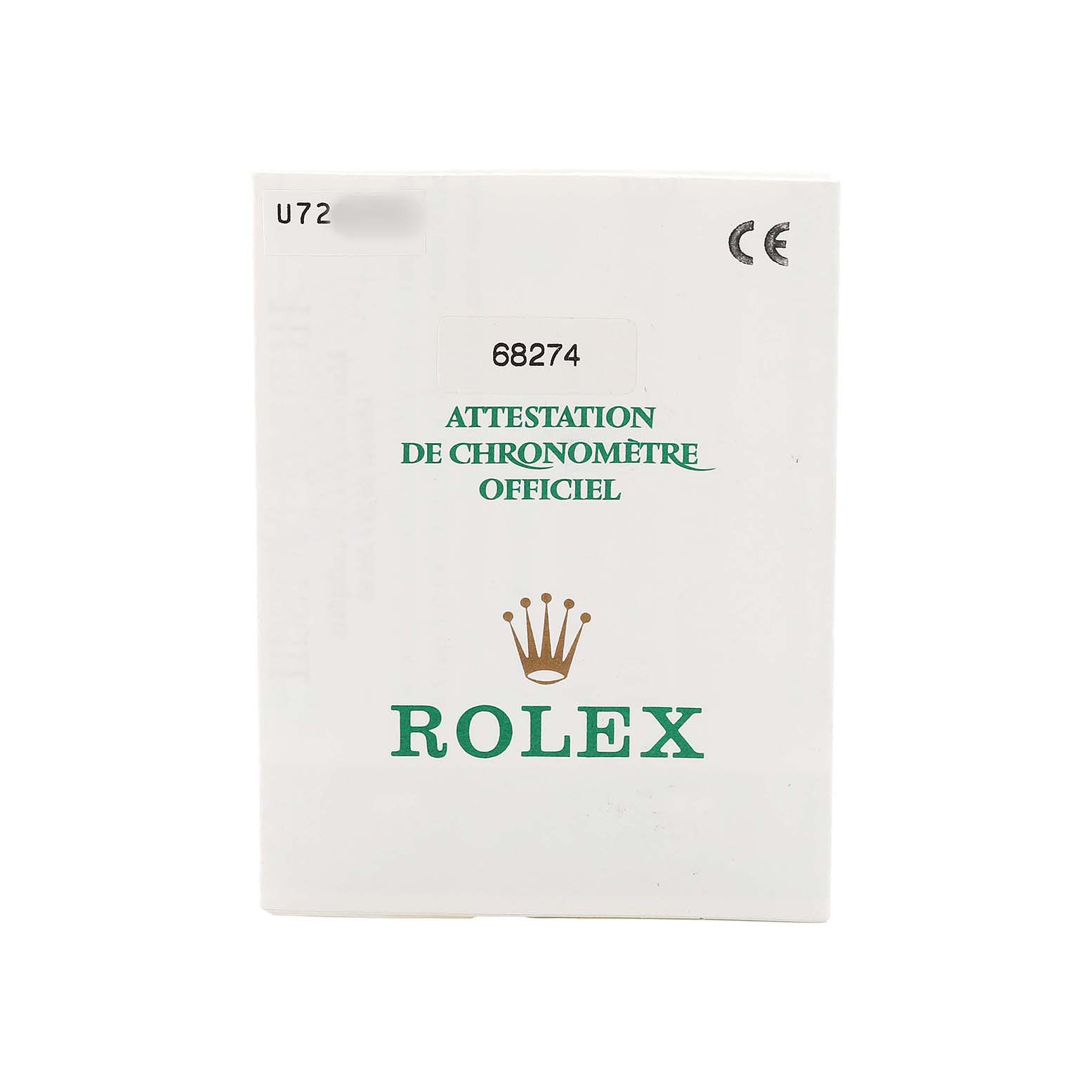 The image shows a frontal view of a Rolex certificate for a mid-size model, featuring the brand logo and official chronometer certification.