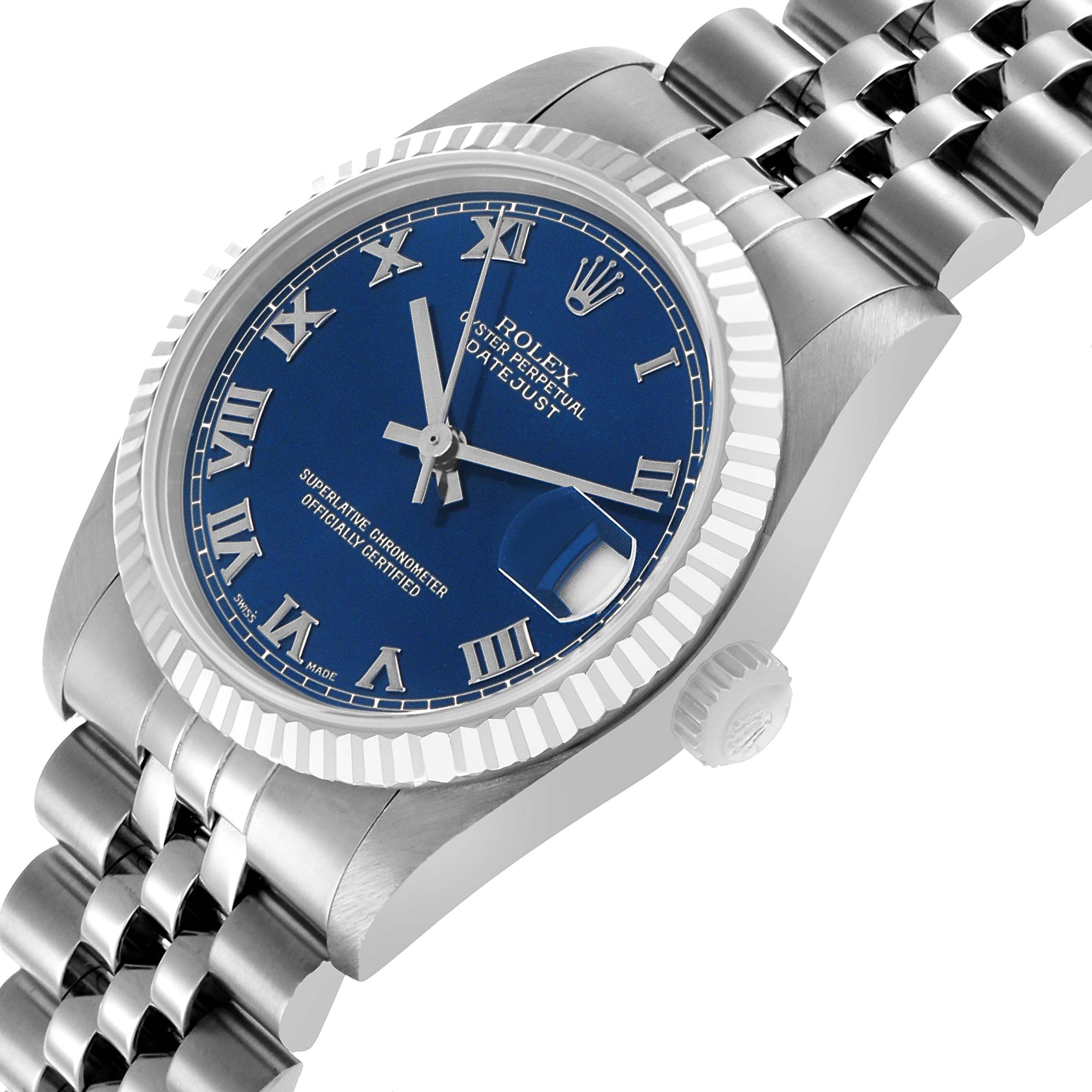 The Rolex Mid-Size 68274 Women's Stainless Steel Blue Dial model is shown at a three-quarter angle, highlighting the blue dial, bezel, crown, and part of the bracelet.