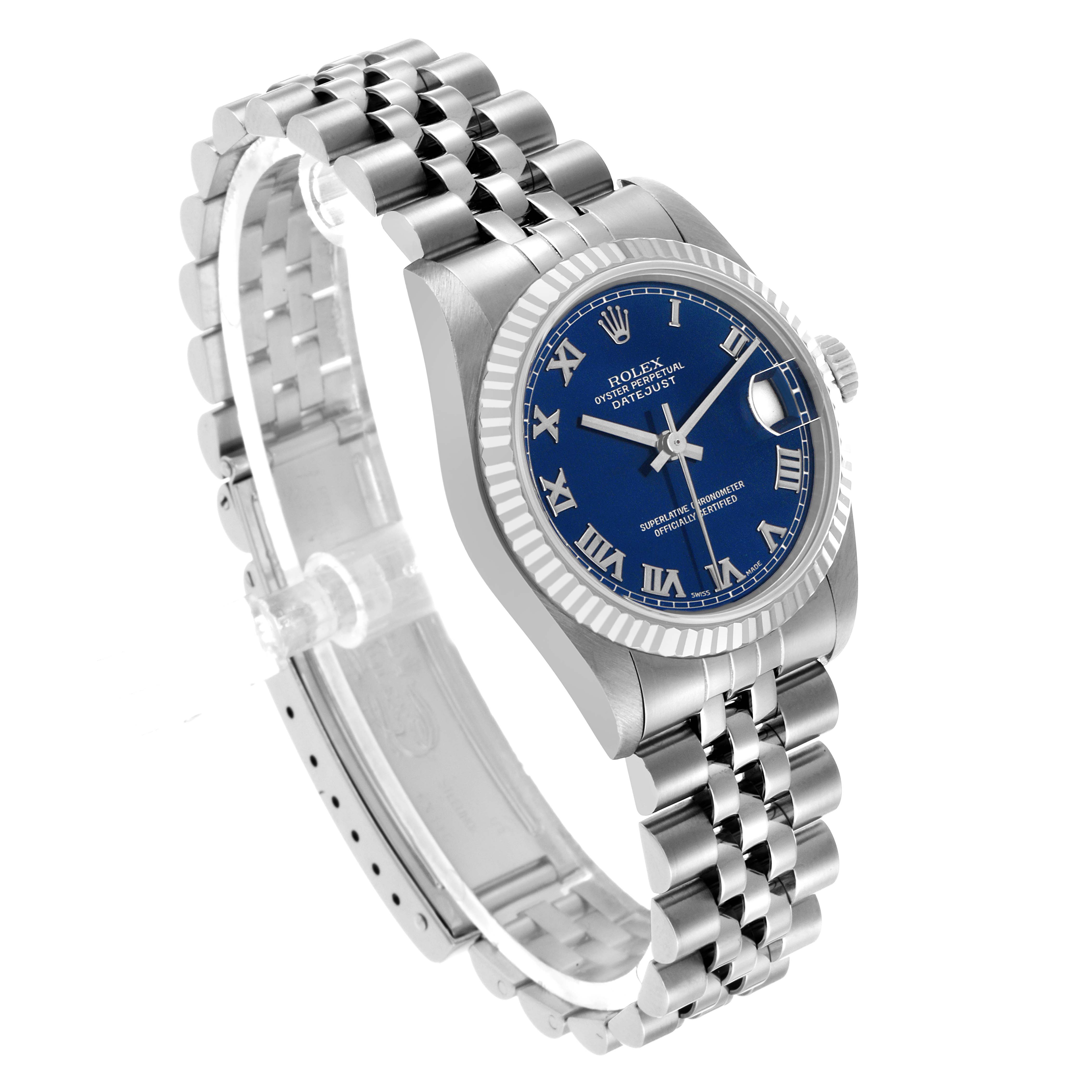 The Rolex Mid-Size 68274 Women's Stainless Steel Blue Dial watch is shown at an angled view, highlighting the bracelet, bezel, and blue dial with Roman numerals.