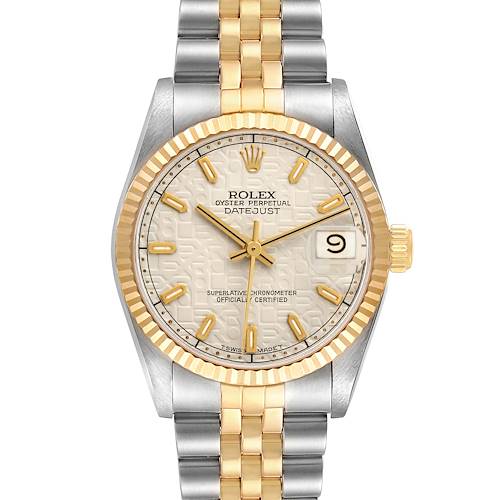 The Rolex Mid-Size 68273 Women's Steel and Gold (two tone) White Dial Datejust watch is shown from a front angle, highlighting its bezel, dial, hands, and bracelet.