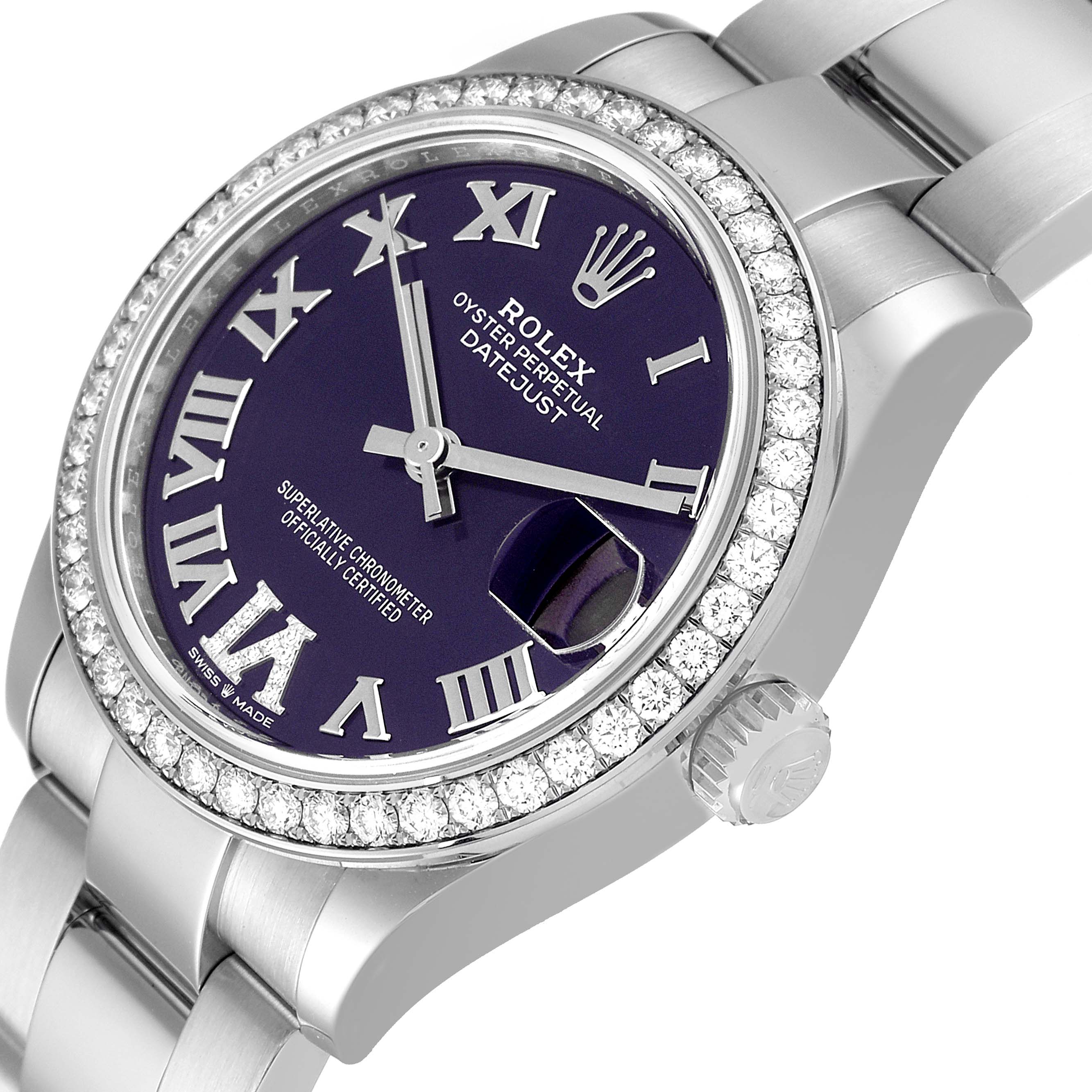 This image shows a close-up angle of the Rolex Mid-Size 278384 Women's Stainless Steel Purple Dial 278384 Women's Stainless Steel Purple Dial Datejust watch displaying the crown, bezel, dial, and part of the bracelet.