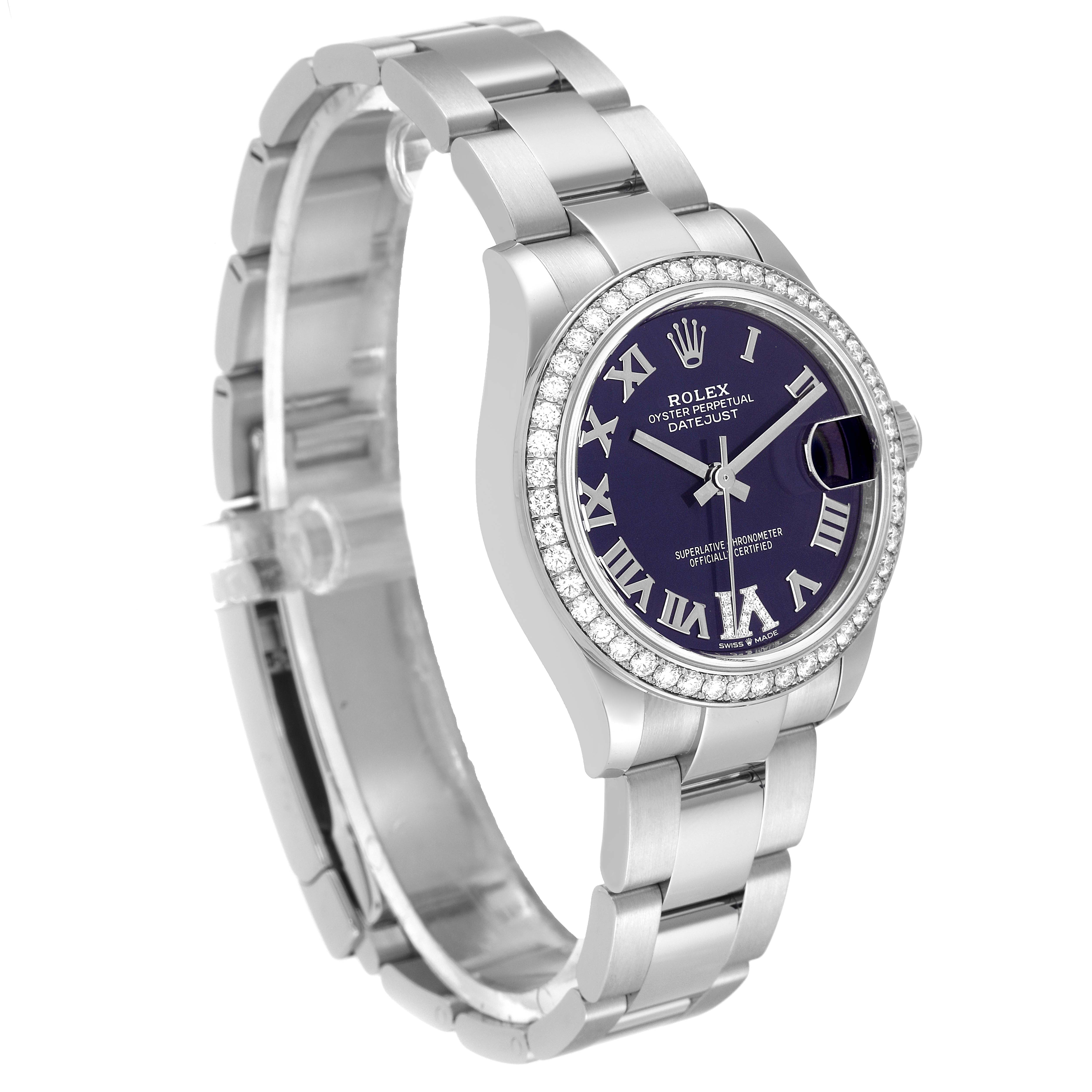 The Rolex Mid-Size 278384 Women's Stainless Steel Purple Dial 278384 Women's Stainless Steel Purple Dial model watch is shown at a three-quarter angle, displaying the dial, bezel, and part of the bracelet.