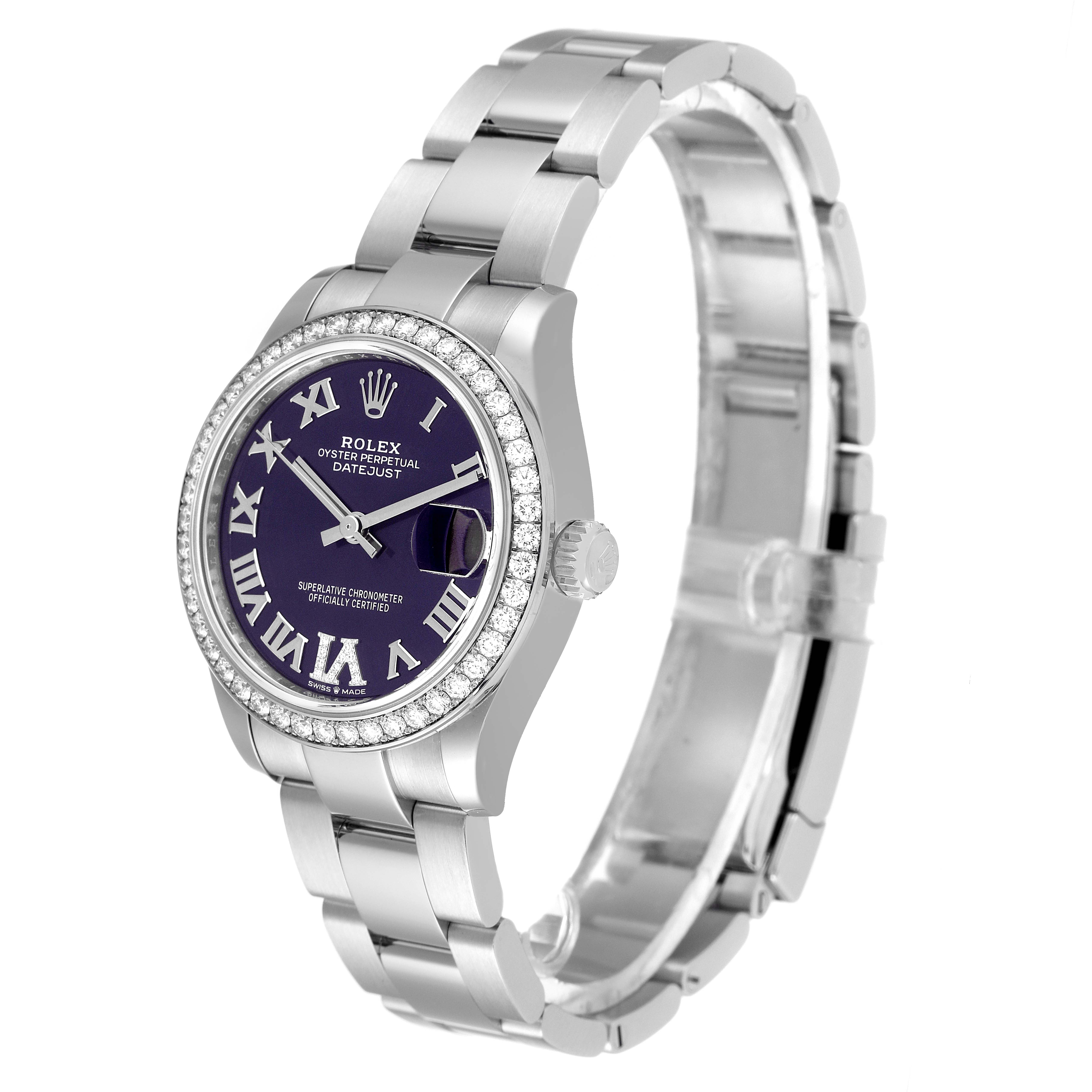 This image shows a Rolex Oyster Perpetual Datejust Mid-Size watch from a front-left angle, highlighting the face and bracelet.