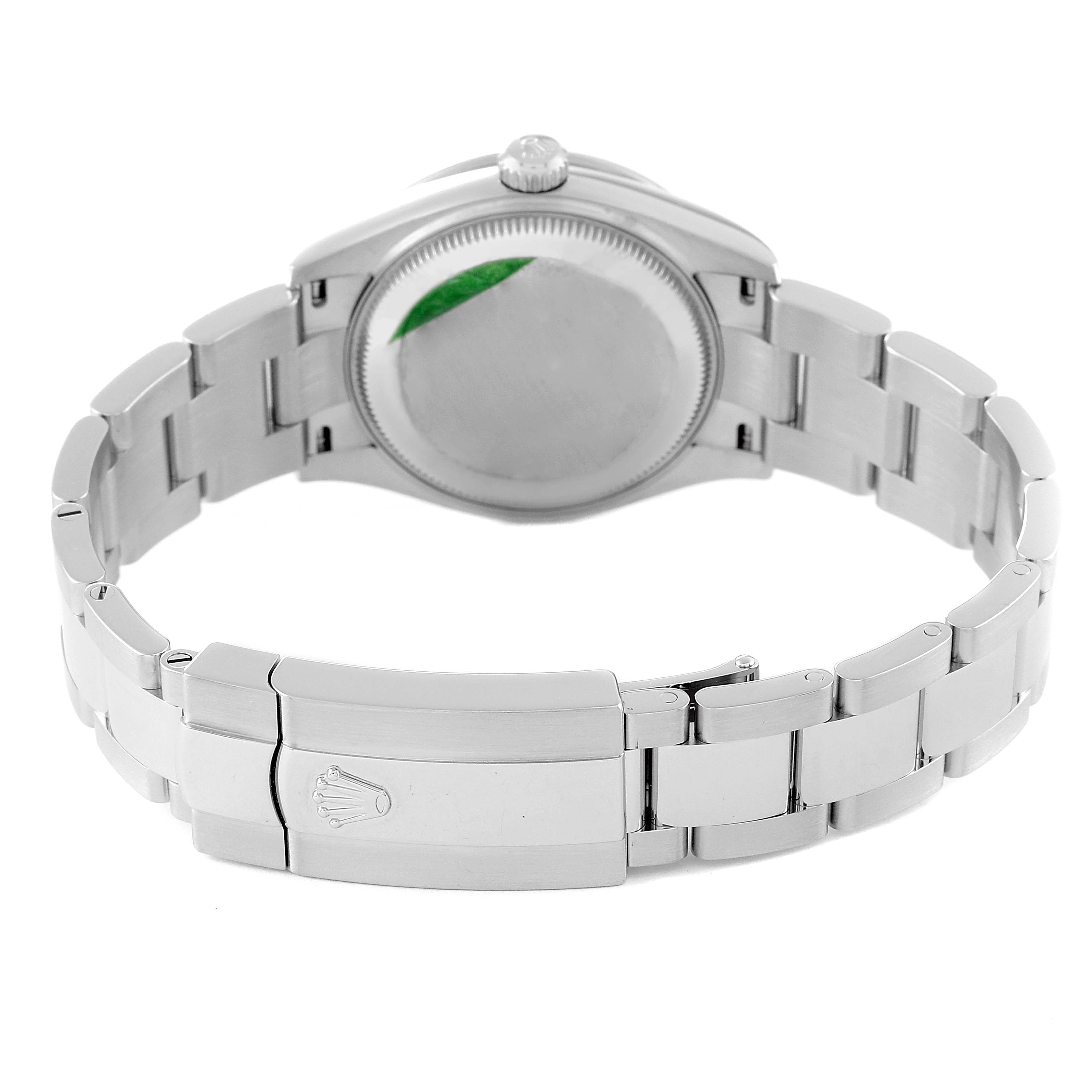 The image shows the back view of a Mid-Size Rolex watch, highlighting the clasp and part of the bracelet.