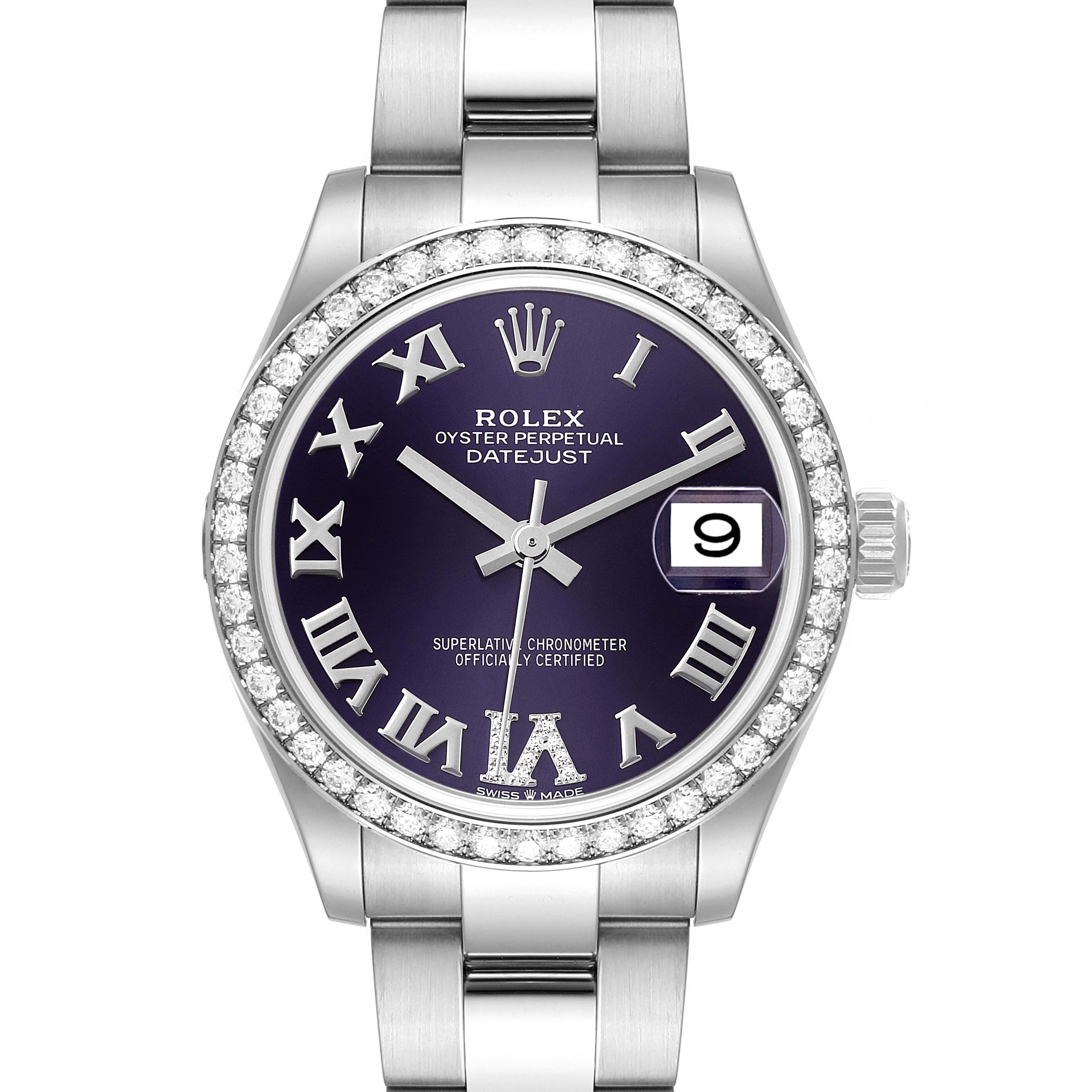 The image shows a front view of a Rolex Datejust Mid-Size watch, highlighting its dial, bezel with diamonds, and part of the bracelet.