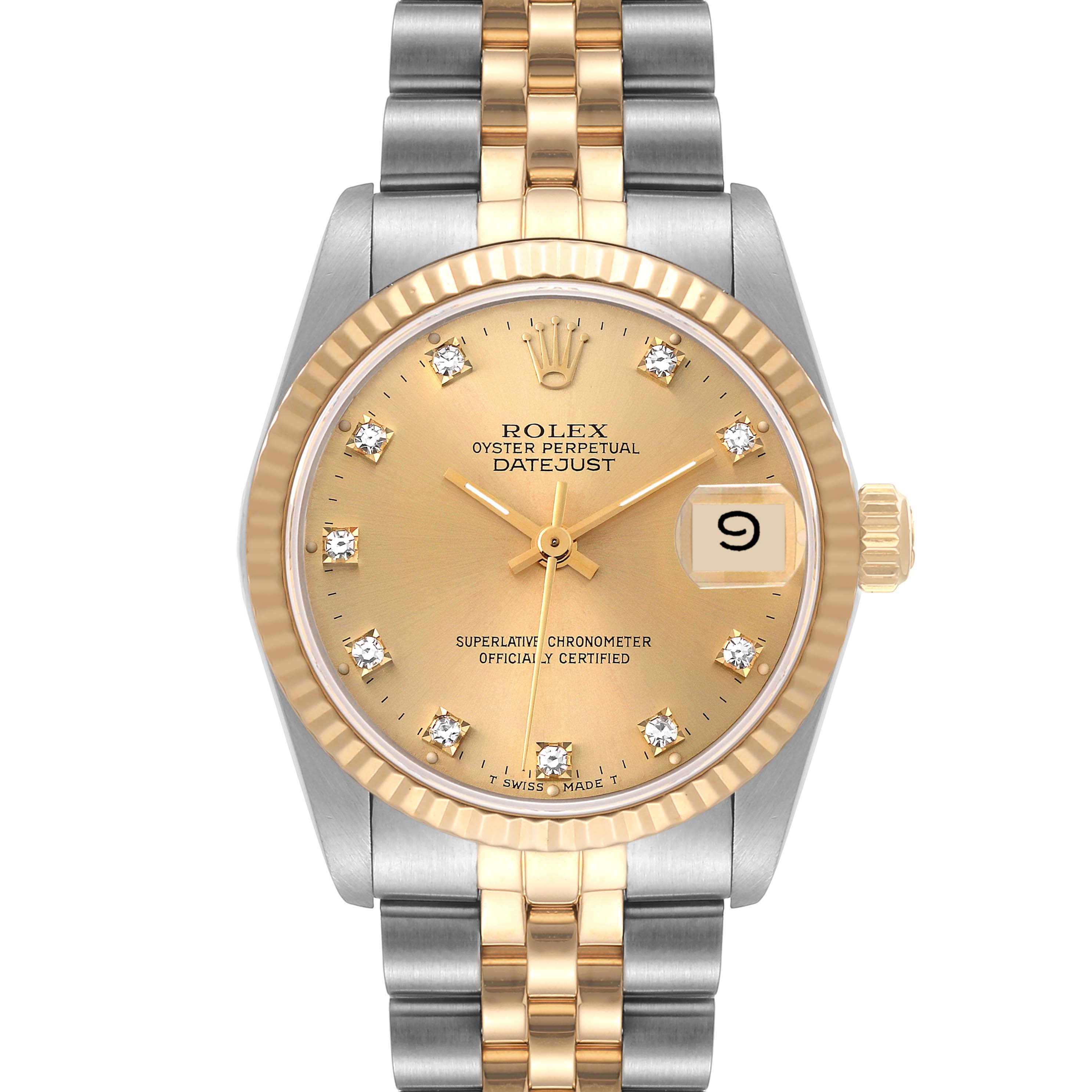 The image shows a front view of a Rolex Datejust Mid-Size watch displaying the face, bezel, and bracelet.