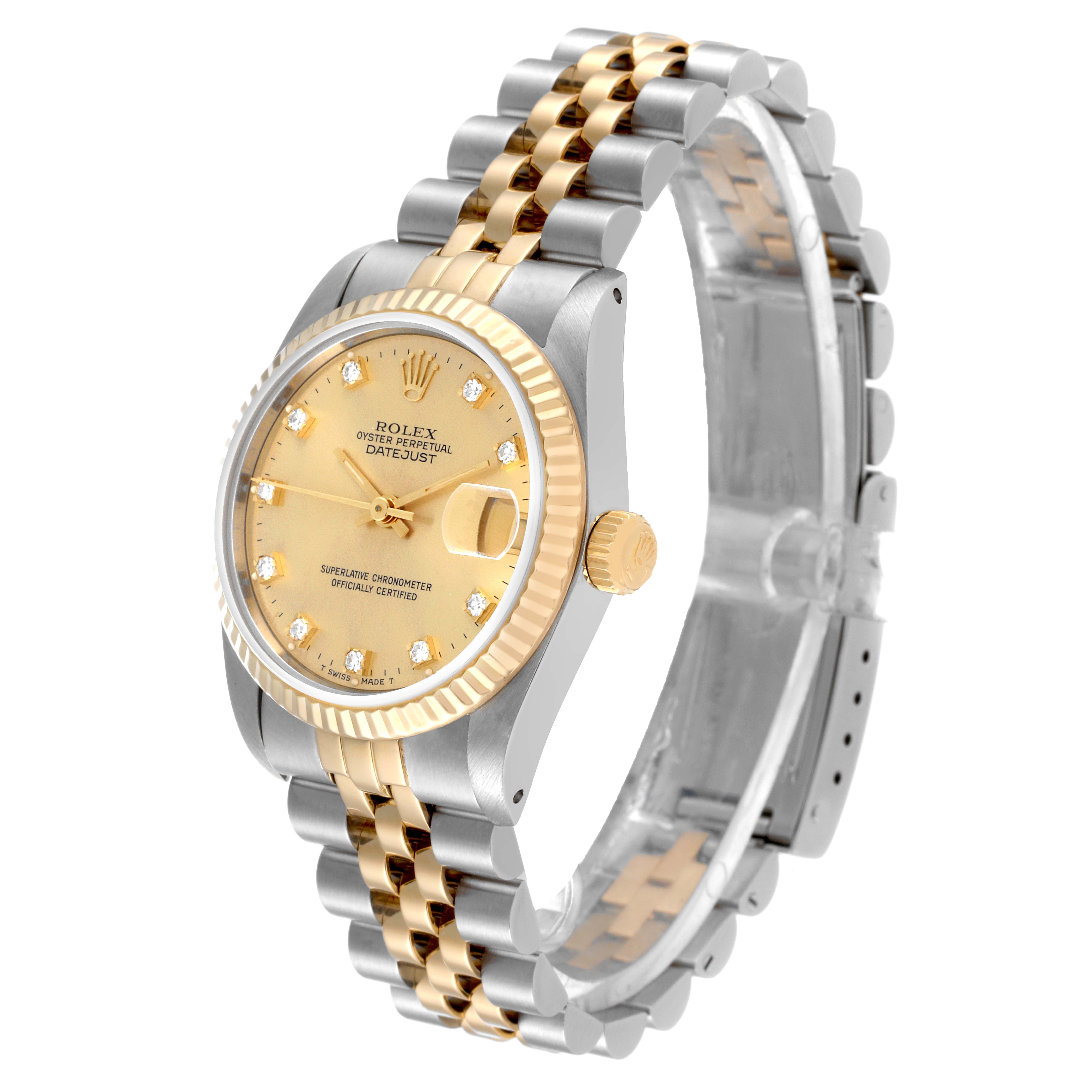 The Rolex Mid-Size 68273 Women
s Steel and Gold (two tone) Champagne Dial 68273 Women
s Steel and Gold (two tone) Champagne Dial Datejust watch is shown at a three-quarter angle, displaying the face, case, and bracelet.