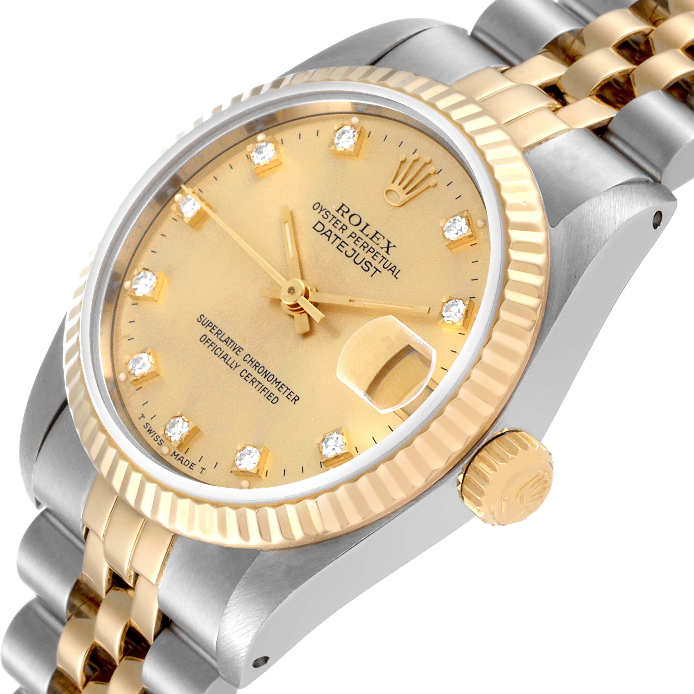 The image shows a close-up angle of the Rolex Mid-Size 68273 Women
s Steel and Gold (two tone) Champagne Dial 68273 Women
s Steel and Gold (two tone) Champagne Dial Datejust watch, highlighting the dial, bezel, crown, and bracelet.