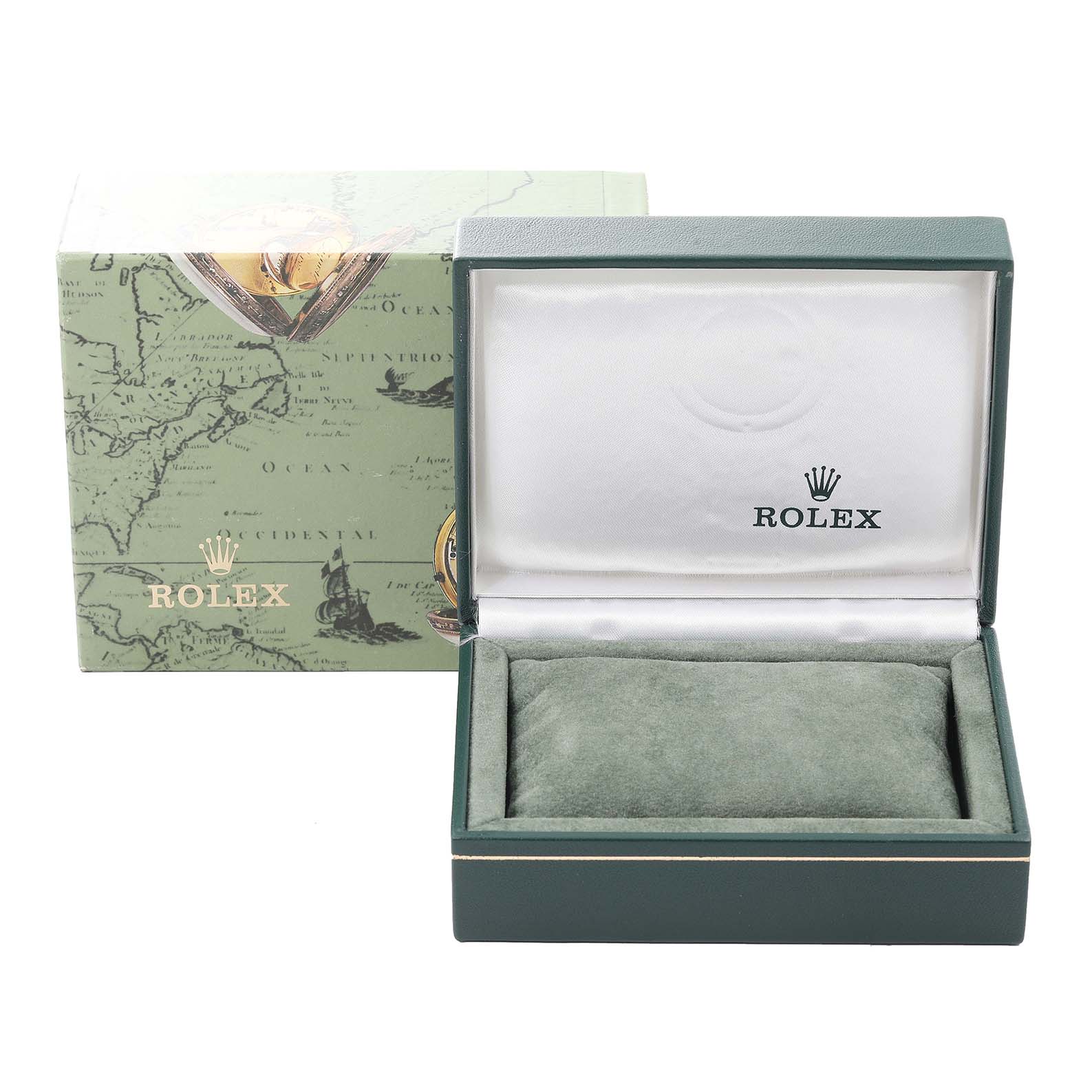 This image shows an open Rolex watch box with a cushioned interior and the branded outer box for a Mid-Size model Rolex watch.