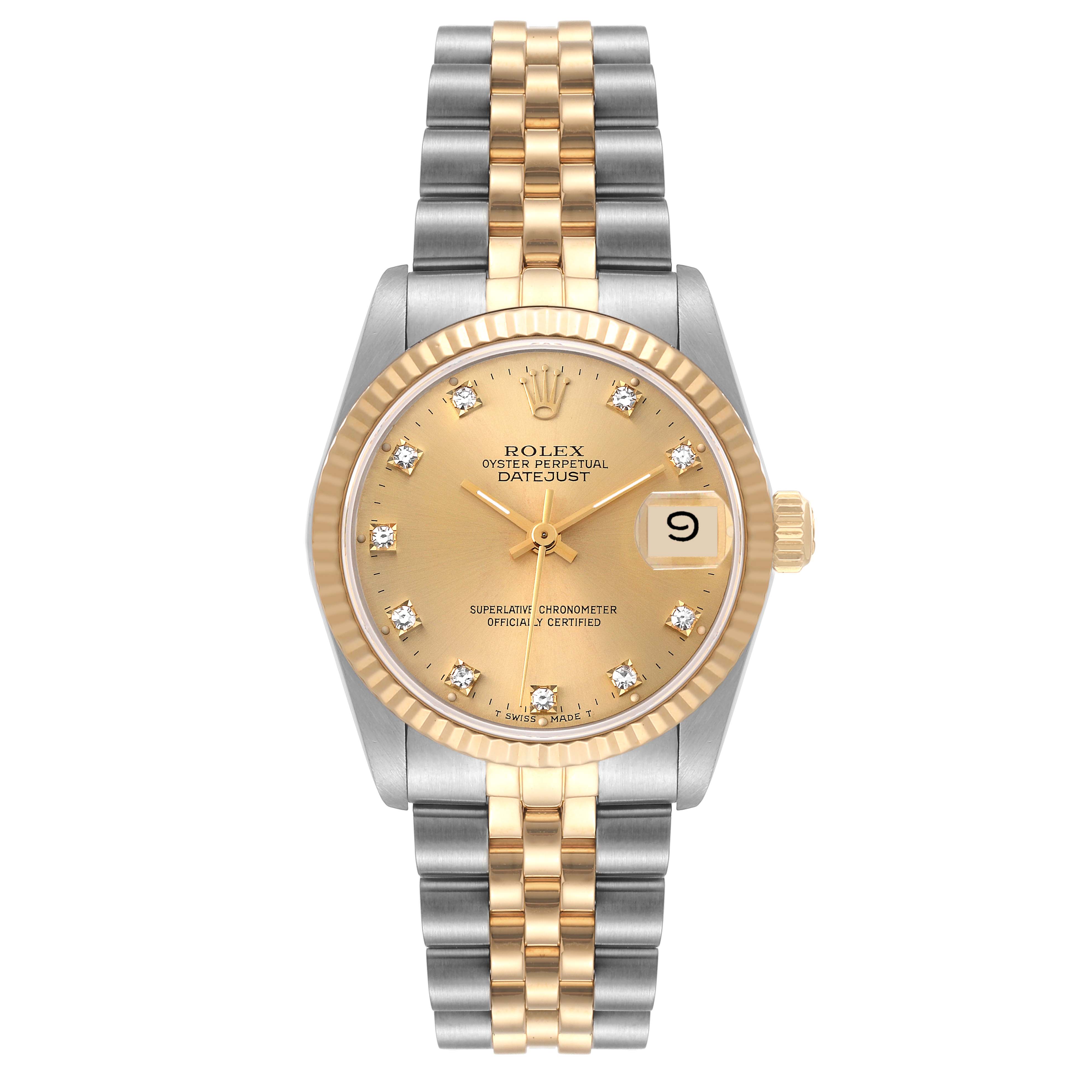 This image shows a frontal view of a Mid-Size Rolex Datejust watch, featuring a gold and steel bracelet with a champagne dial.