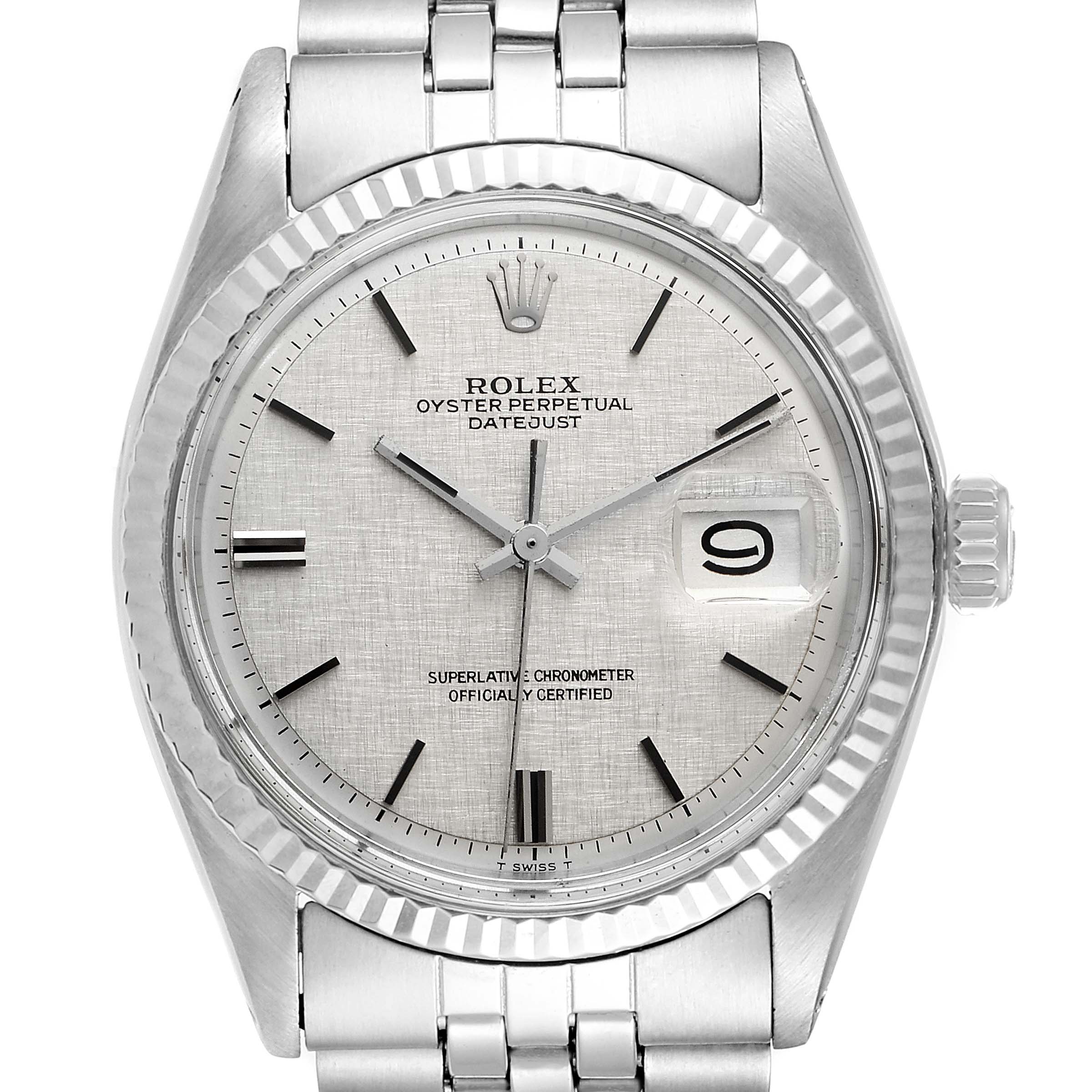 The Vintage Collection model by Rolex is shown from the front, displaying the dial, hands, date window, and part of the bracelet.