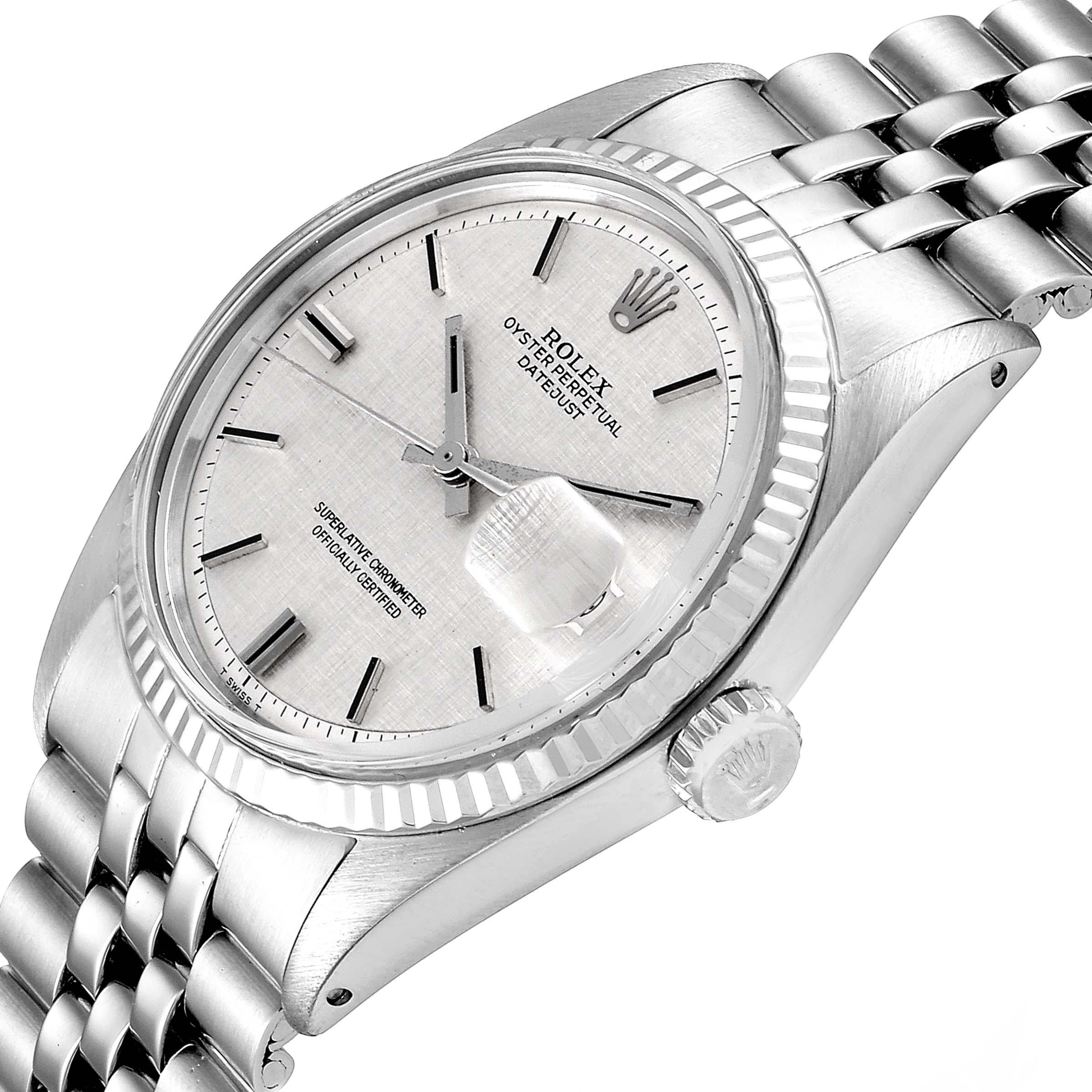 The image shows a close-up of the Rolex Vintage Collection 1601 Men's Stainless Steel Silver Dial 1601 Men's Stainless Steel Silver Dial Datejust watch at an angled side view, highlighting the dial, crown, and bracelet.