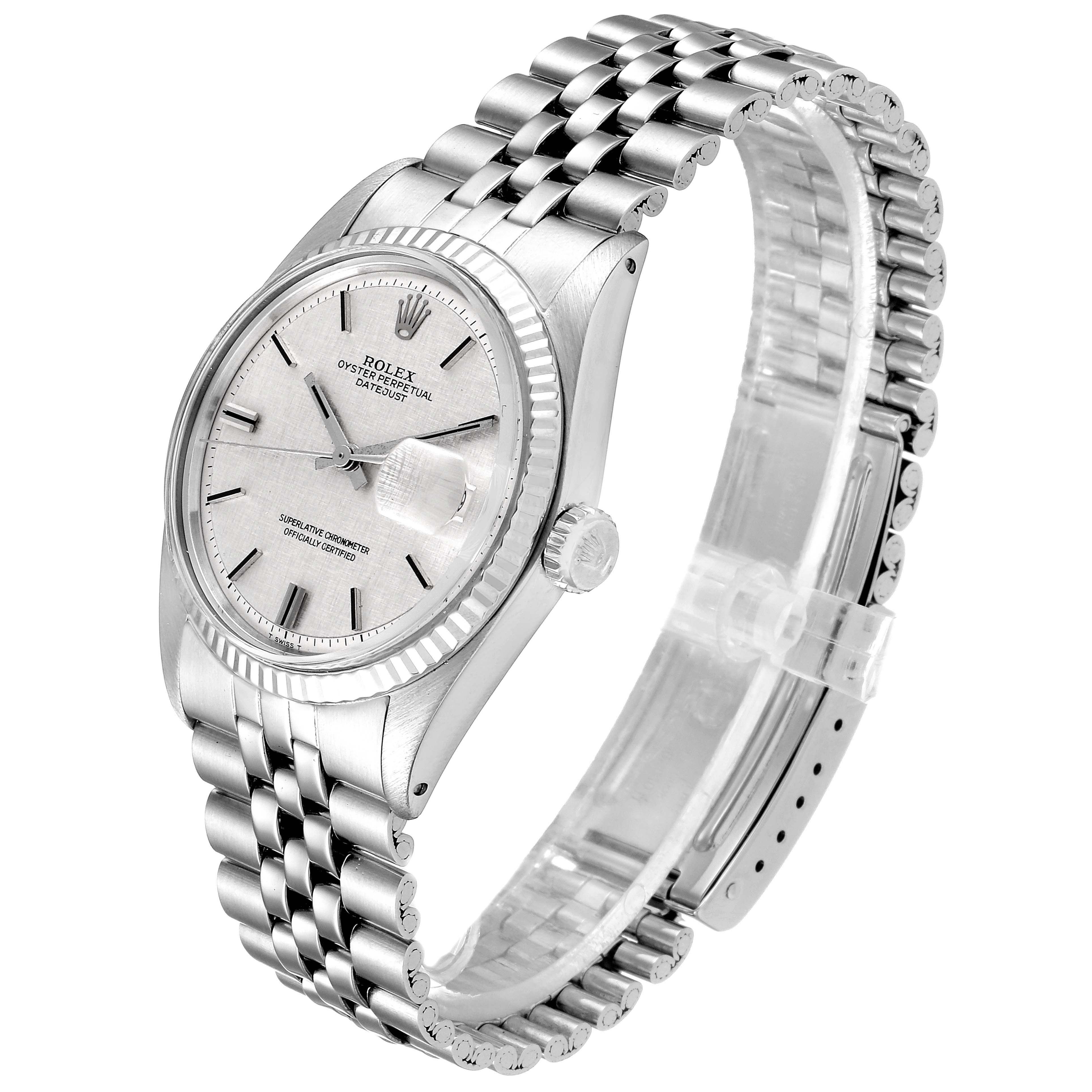The image shows a side angle of the Rolex Vintage Collection 1601 Men's Stainless Steel Silver Dial 1601 Men's Stainless Steel Silver Dial watch, highlighting the face, bezel, crown, and jubilee bracelet.