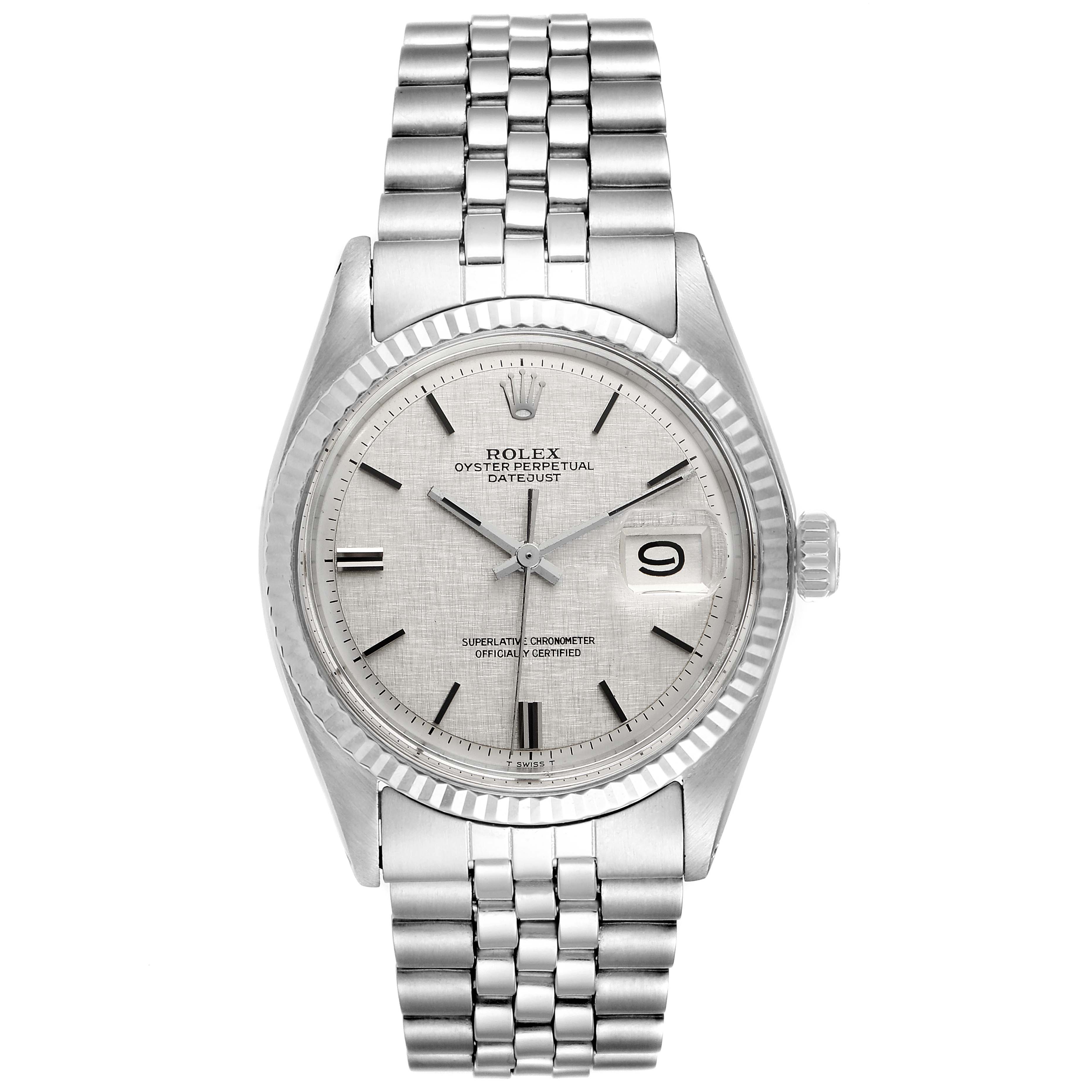 The image shows a front view of a Rolex Vintage Collection 1601 Men's Stainless Steel Silver Dial 1601 Men's Stainless Steel Silver Dial Datejust watch, displaying its dial, hands, bracelet, and date window.