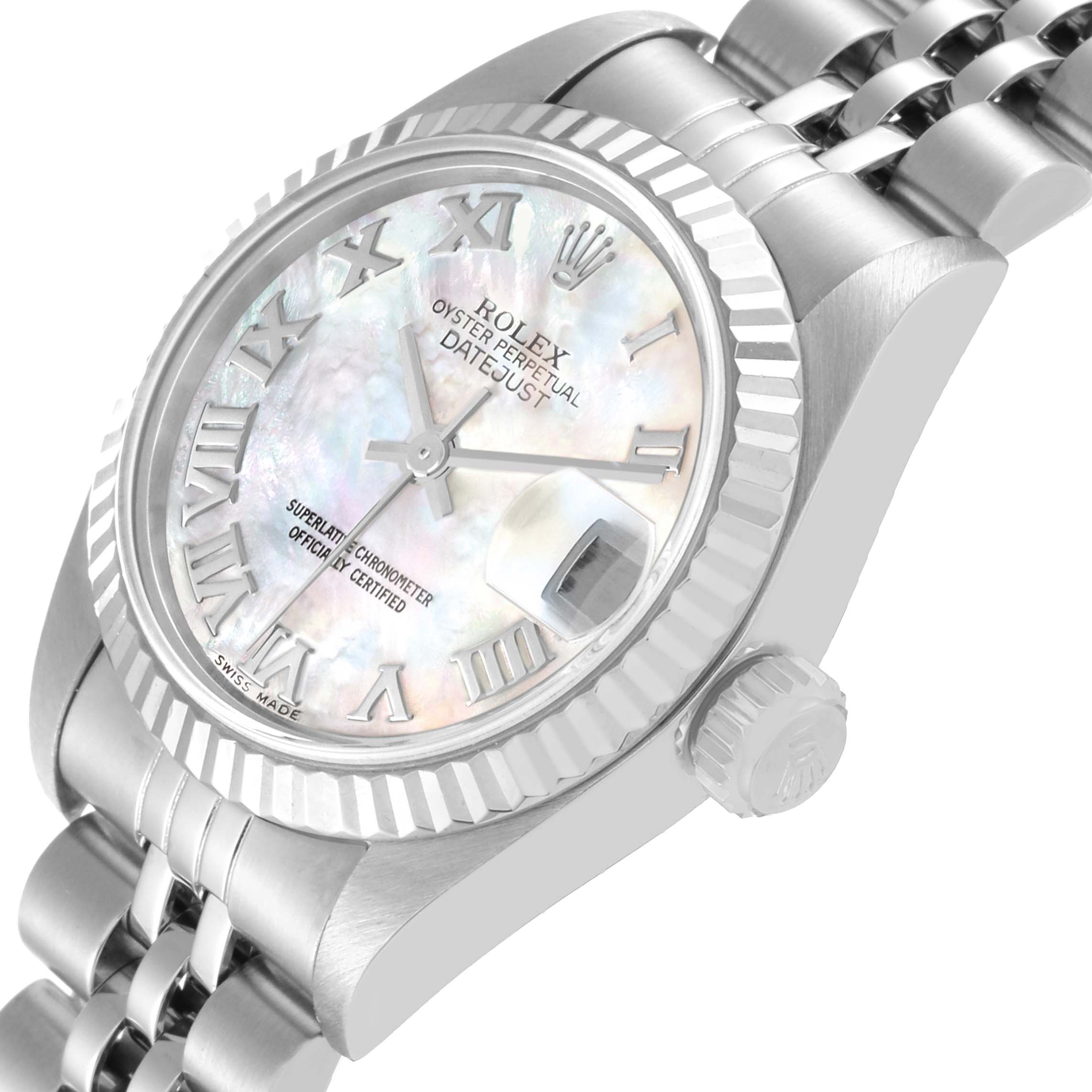 The Rolex Datejust 79174 Women's Stainless Steel Mother of Pearl Dial 79174 Women's Stainless Steel Mother of Pearl Dial watch is shown at an angled close-up, displaying its dial, bezel, crown, and part of the bracelet.