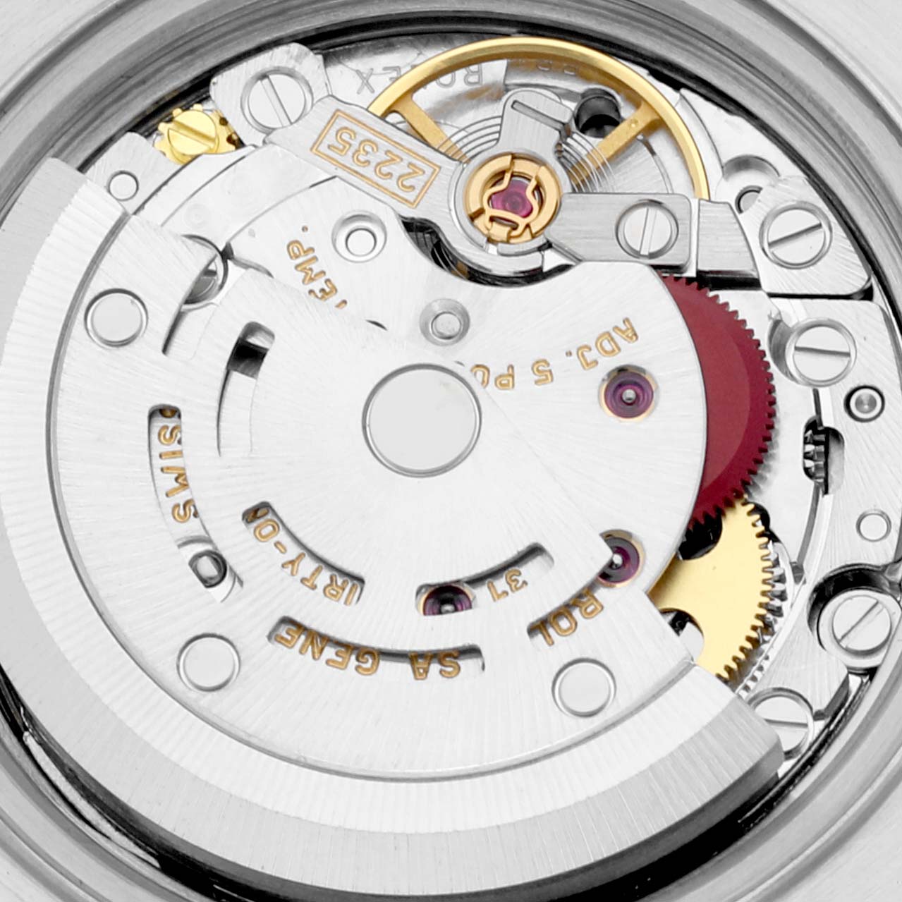 This image shows a close-up view of the inner movement mechanism of a Rolex Datejust 79174 Women's Stainless Steel Mother of Pearl Dial 79174 Women's Stainless Steel Mother of Pearl Dial watch.
