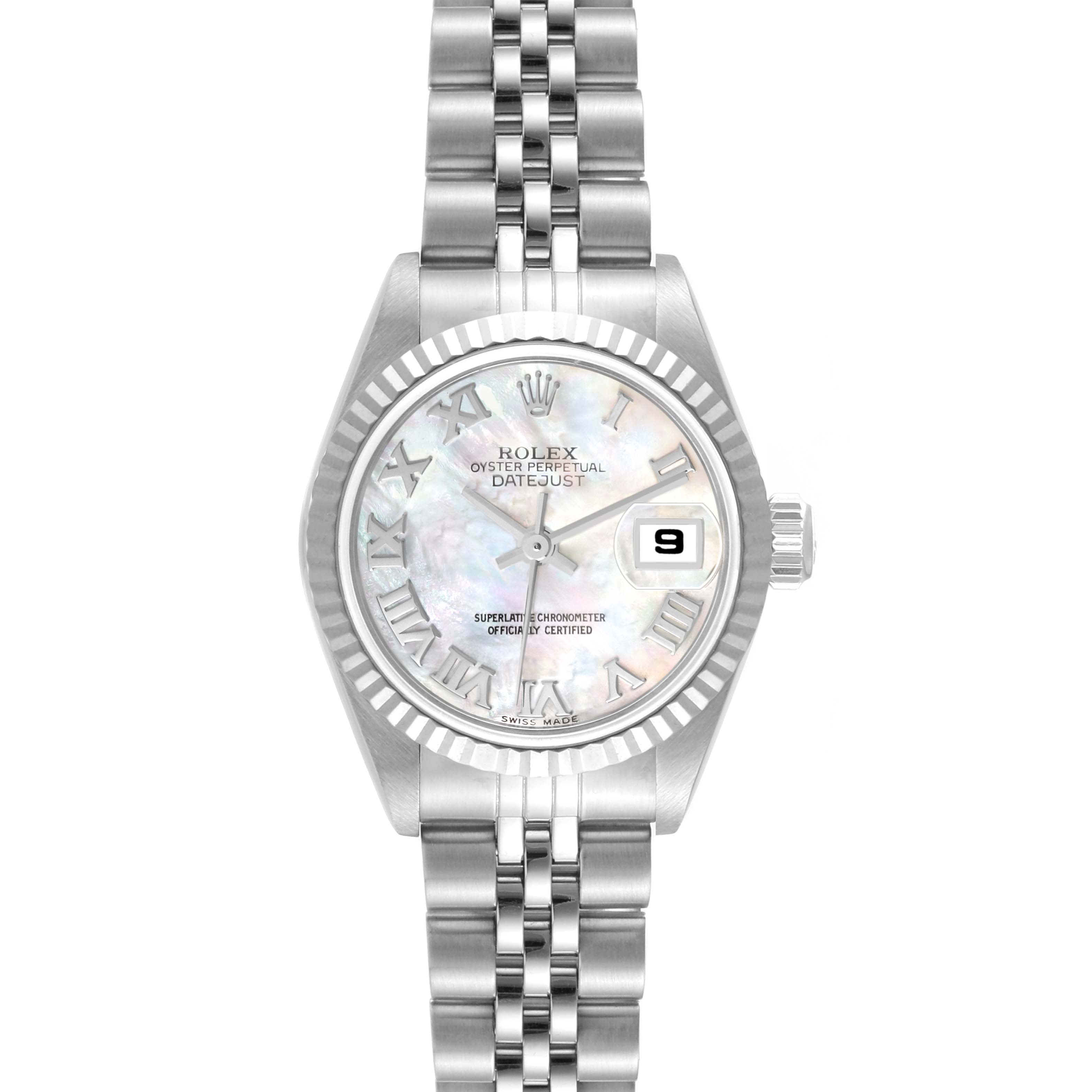 The image shows a frontal view of a Rolex Datejust 79174 Women's Stainless Steel Mother of Pearl Dial 79174 Women's Stainless Steel Mother of Pearl Dial watch, displaying its dial, bracelet, and fluted bezel.