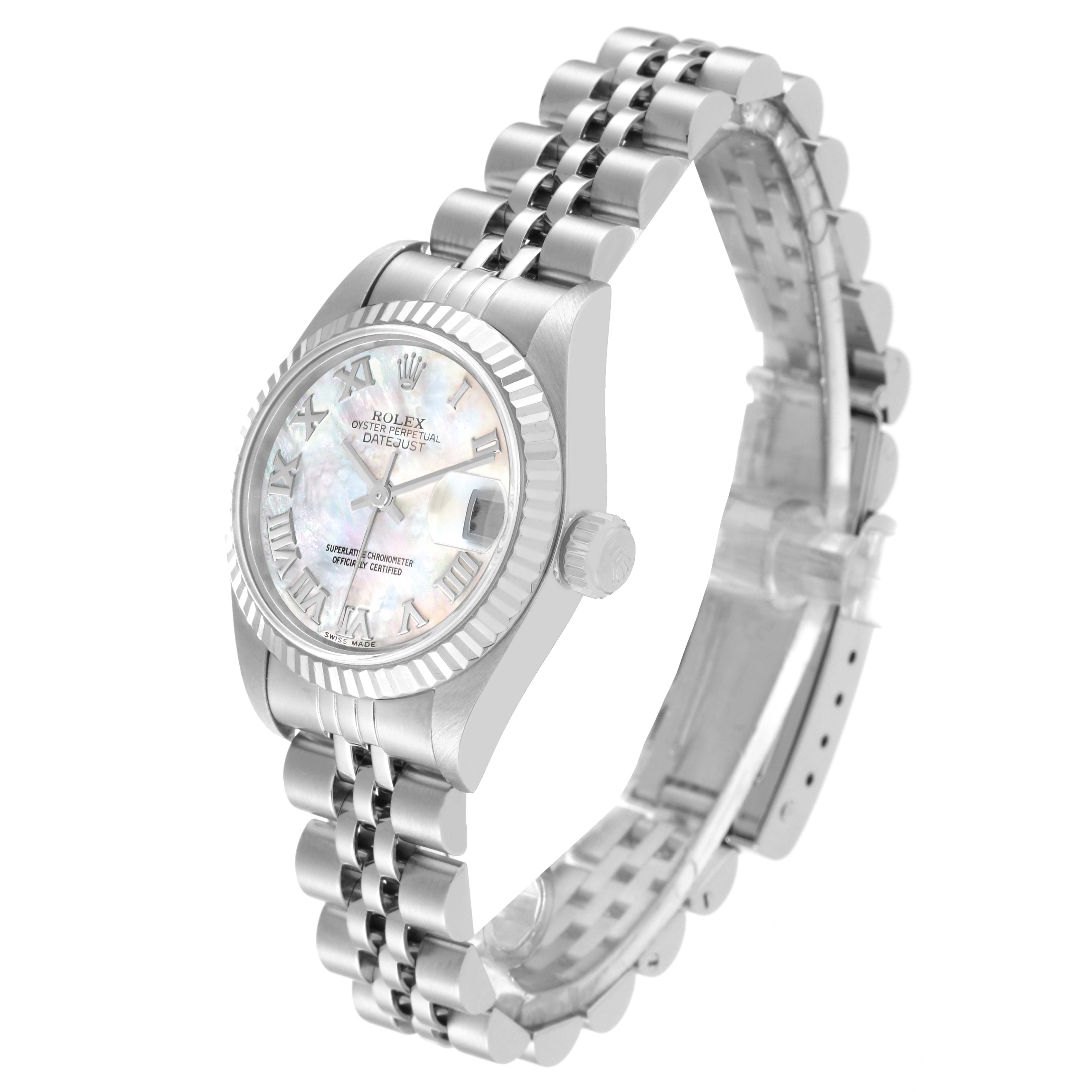 The Rolex Datejust 79174 Women's Stainless Steel Mother of Pearl Dial 79174 Women's Stainless Steel Mother of Pearl Dial watch is shown at an angled side view, highlighting its dial, crown, and bracelet.