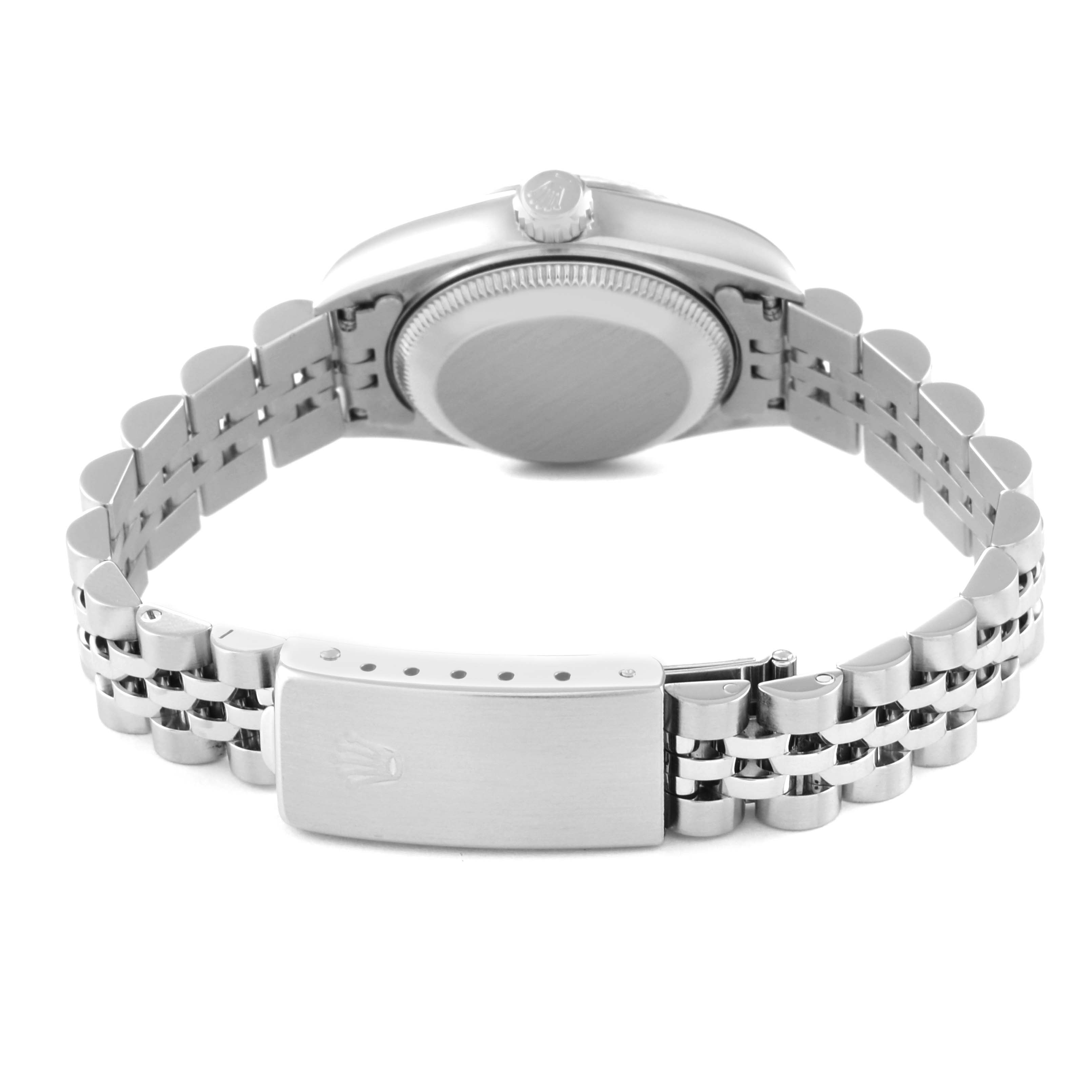 The image shows the back view of a Rolex Datejust 79174 Women's Stainless Steel Mother of Pearl Dial 79174 Women's Stainless Steel Mother of Pearl Dial watch, highlighting the bracelet and clasp.