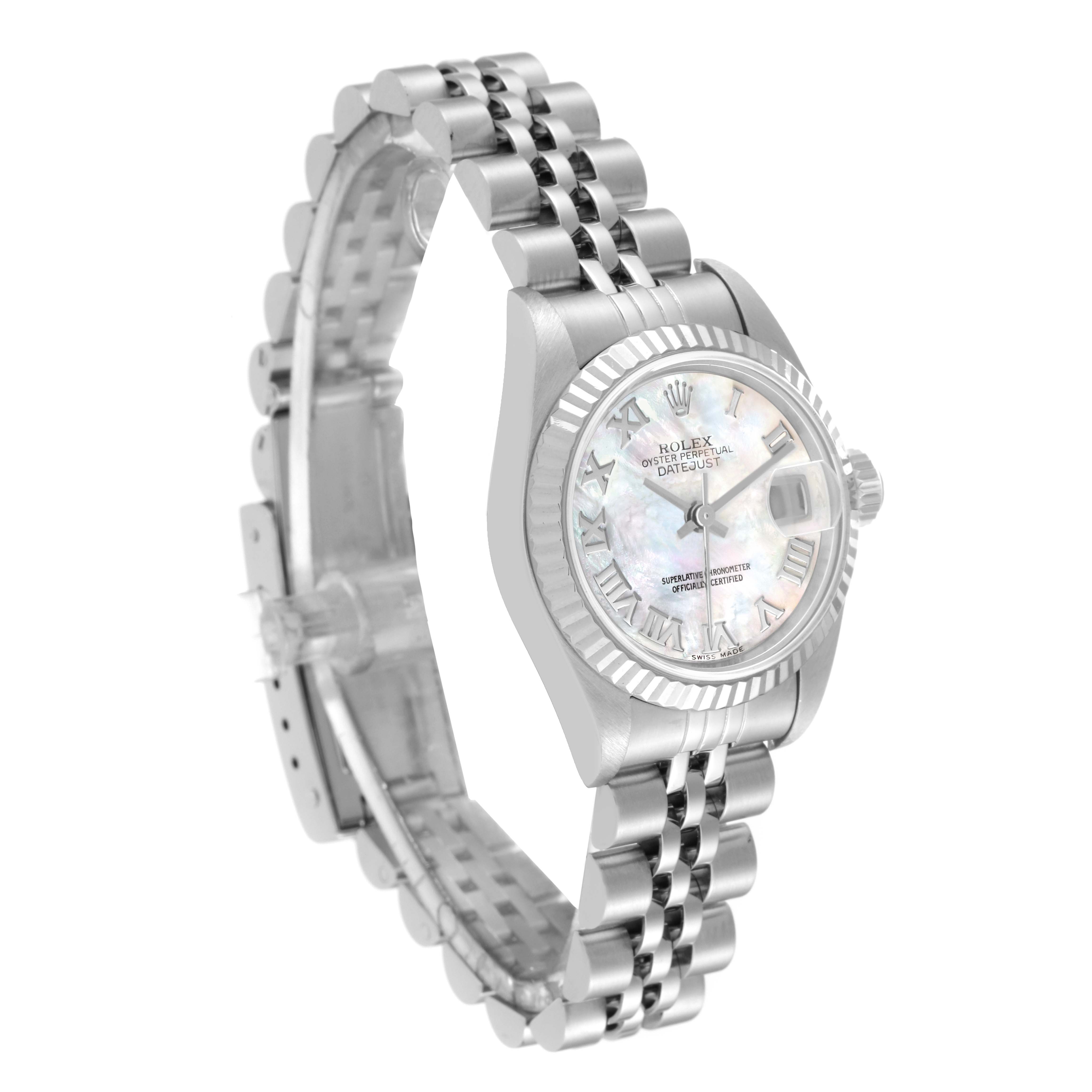 The image shows a side angle of a Rolex Datejust 79174 Women's Stainless Steel Mother of Pearl Dial 79174 Women's Stainless Steel Mother of Pearl Dial watch, highlighting its face, bezel, and bracelet.