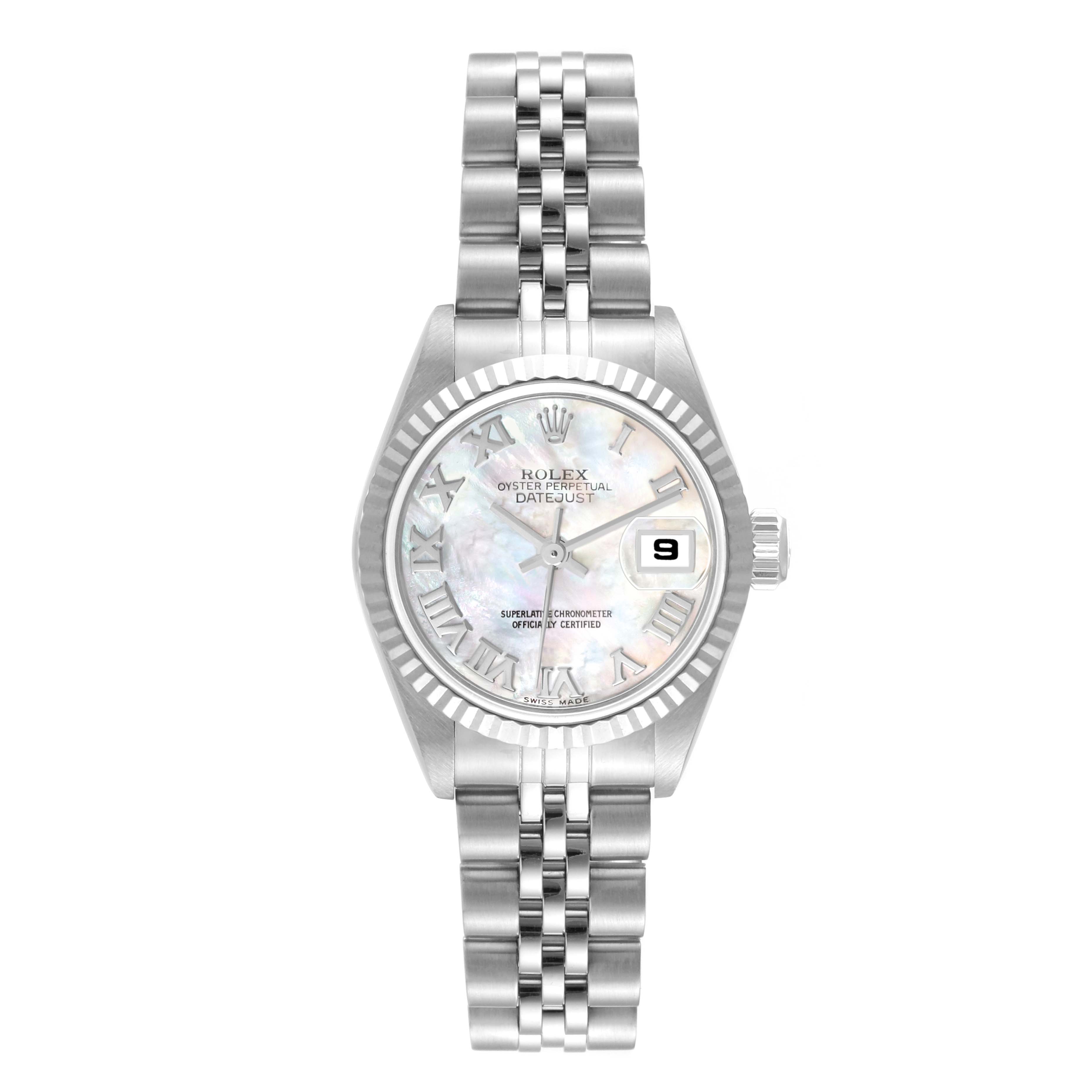 This is a front view of a Rolex Datejust 79174 Women's Stainless Steel Mother of Pearl Dial 79174 Women's Stainless Steel Mother of Pearl Dial watch, displaying the dial, bezel, hands, bracelet, and date window.
